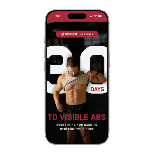 iPhone mock-up displaying 30 Days to Visible Abs program with a muscular man showcasing his abs, promoting a plan for achieving defined abdominal muscles.