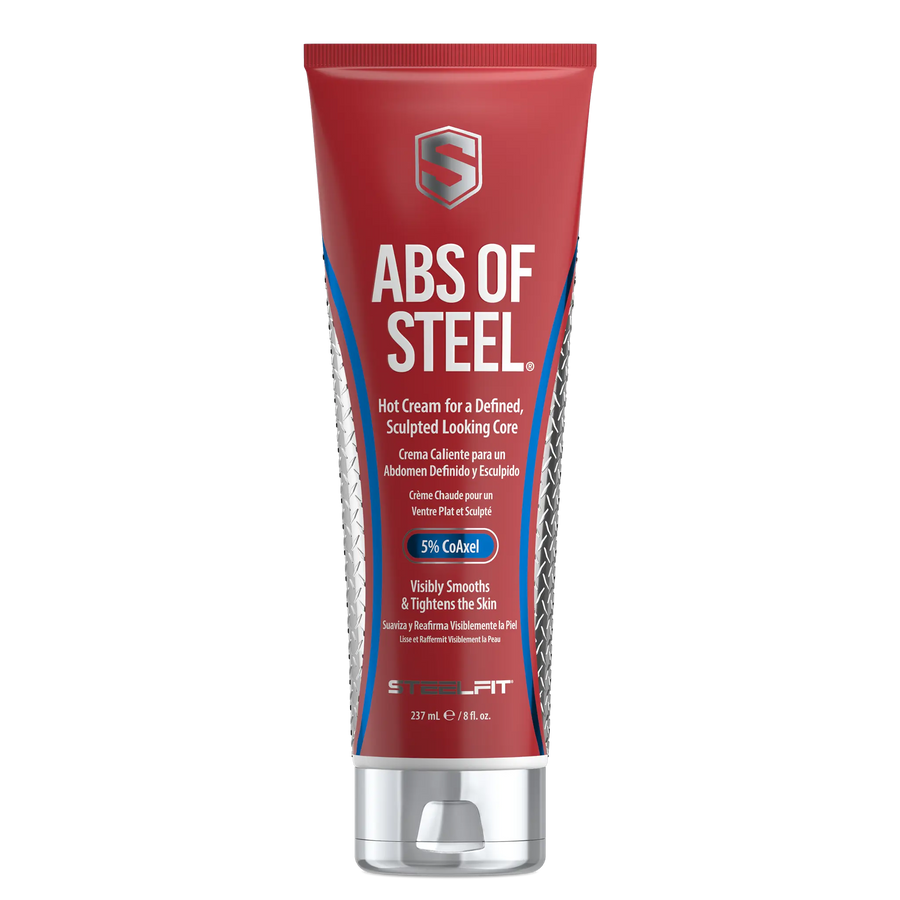 Tube of Abs of Steel® hot cream by SteelFit, 8 fl oz, designed for a defined core with 5% CoAxel to smooth and tighten skin.
