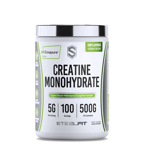 SteelFit Creatine Monohydrate tub, 100 servings, Creapure® formula, supports muscle performance and cognitive function, made in Germany.