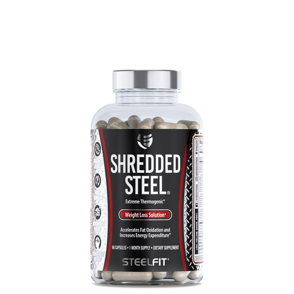 Shredded Steel® bottle, a thermogenic supplement for fat burning and metabolism boosting, prominently displayed with its distinct branding.