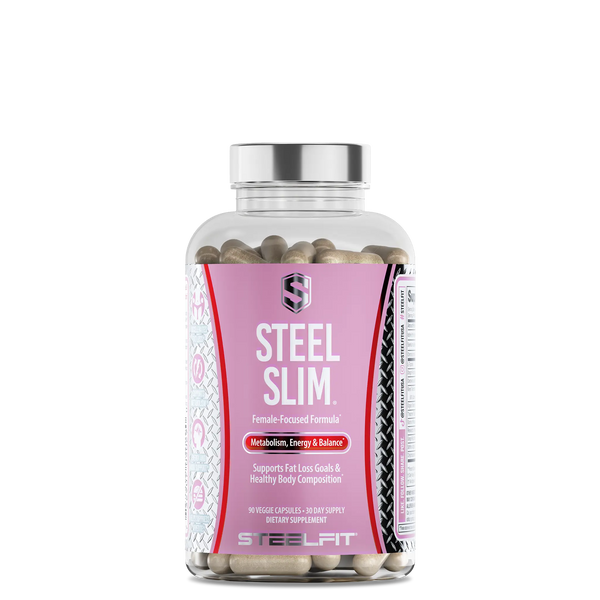 Steel Slim® supplement bottle with beige veggie capsules, featuring a female-focused formula for metabolism, energy, and fat loss support. 90 capsules, 30-day supply by SteelFit.