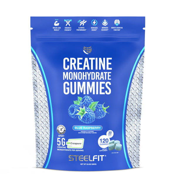 Resealable pouch of SteelFit Creatine Monohydrate Gummies in Blue Raspberry, featuring 120 gummies with 5g Creapure® creatine per serving for muscle, strength, and recovery benefits.