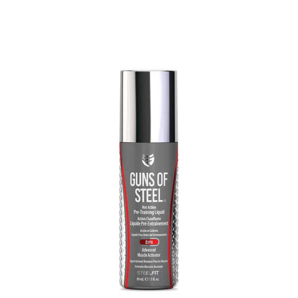 Guns of Steel® Pre-Training Liquid bottle, featuring D3PA formulation for enhanced muscle activation and workout intensity, ideal for targeting biceps and triceps.