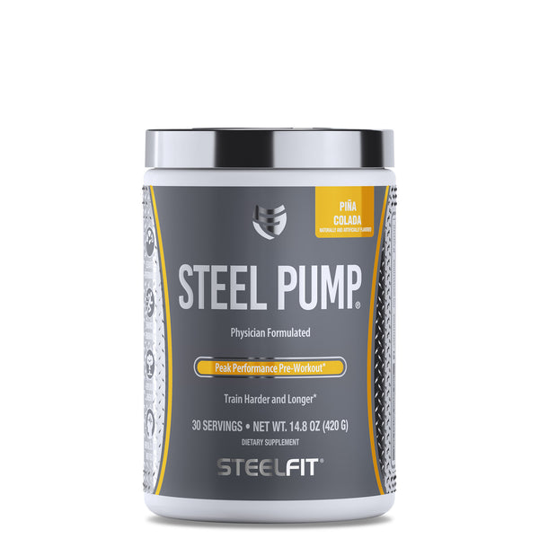Steel Pump® pre-workout container with a black lid, designed to enhance performance and endurance, promising explosive energy and mental clarity for intense workouts.