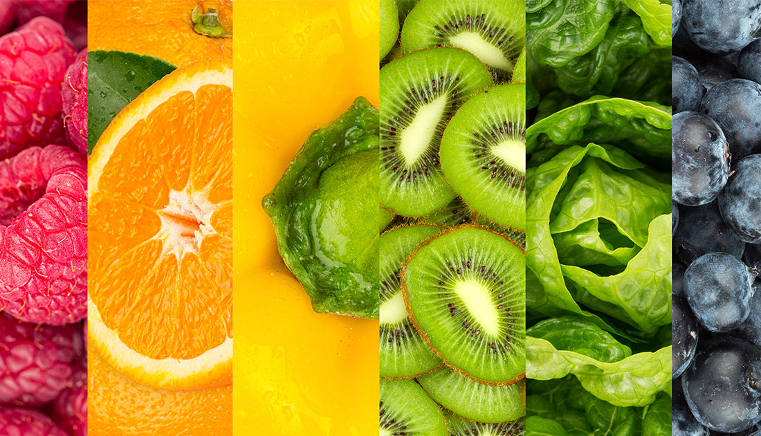 Collage featuring various fruits and vegetables, highlighting freshness and natural nutrition, aligning with SteelFit USA's focus on health and fitness goals.