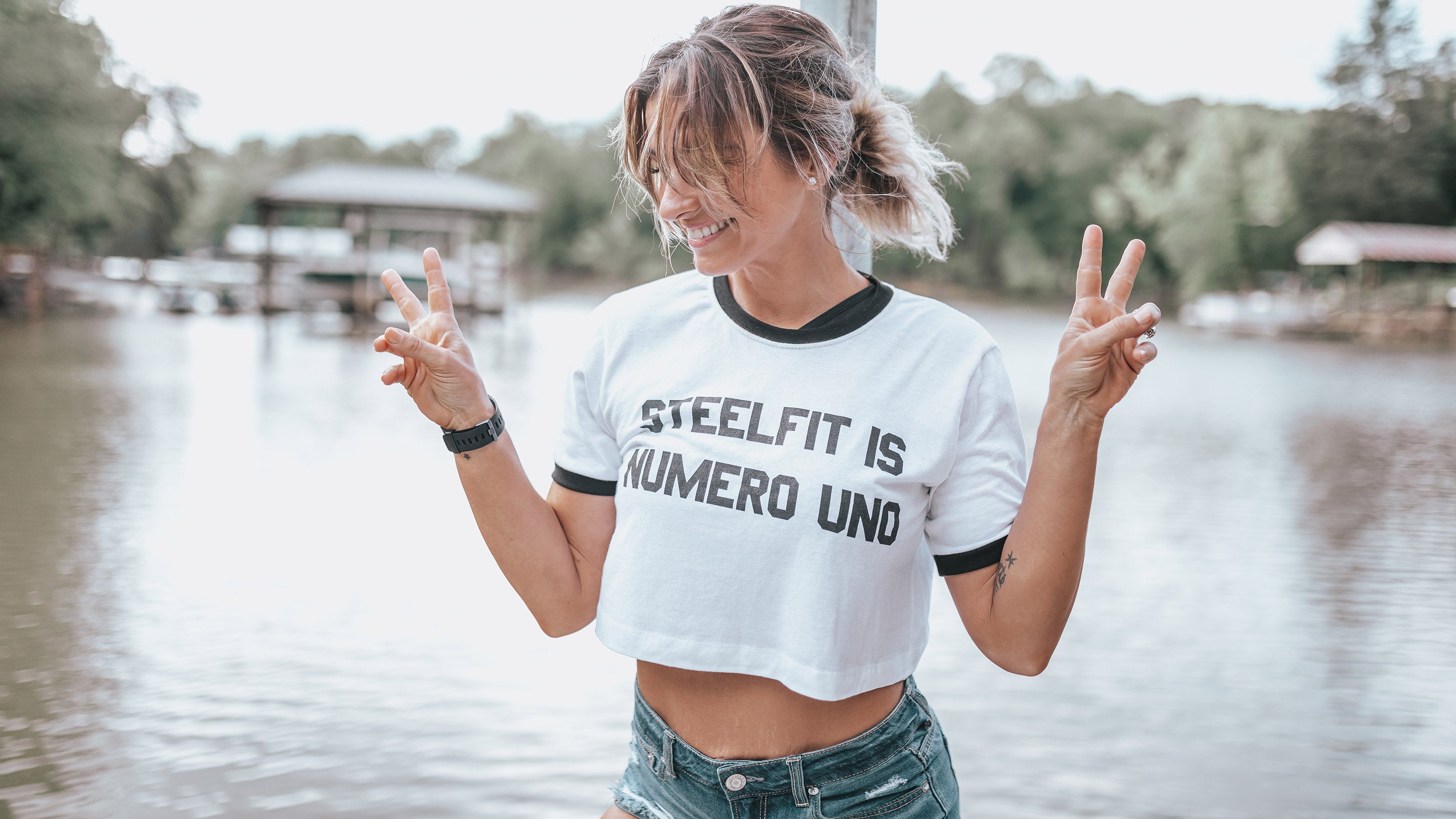 pretty woman wearing a steelfit shirt