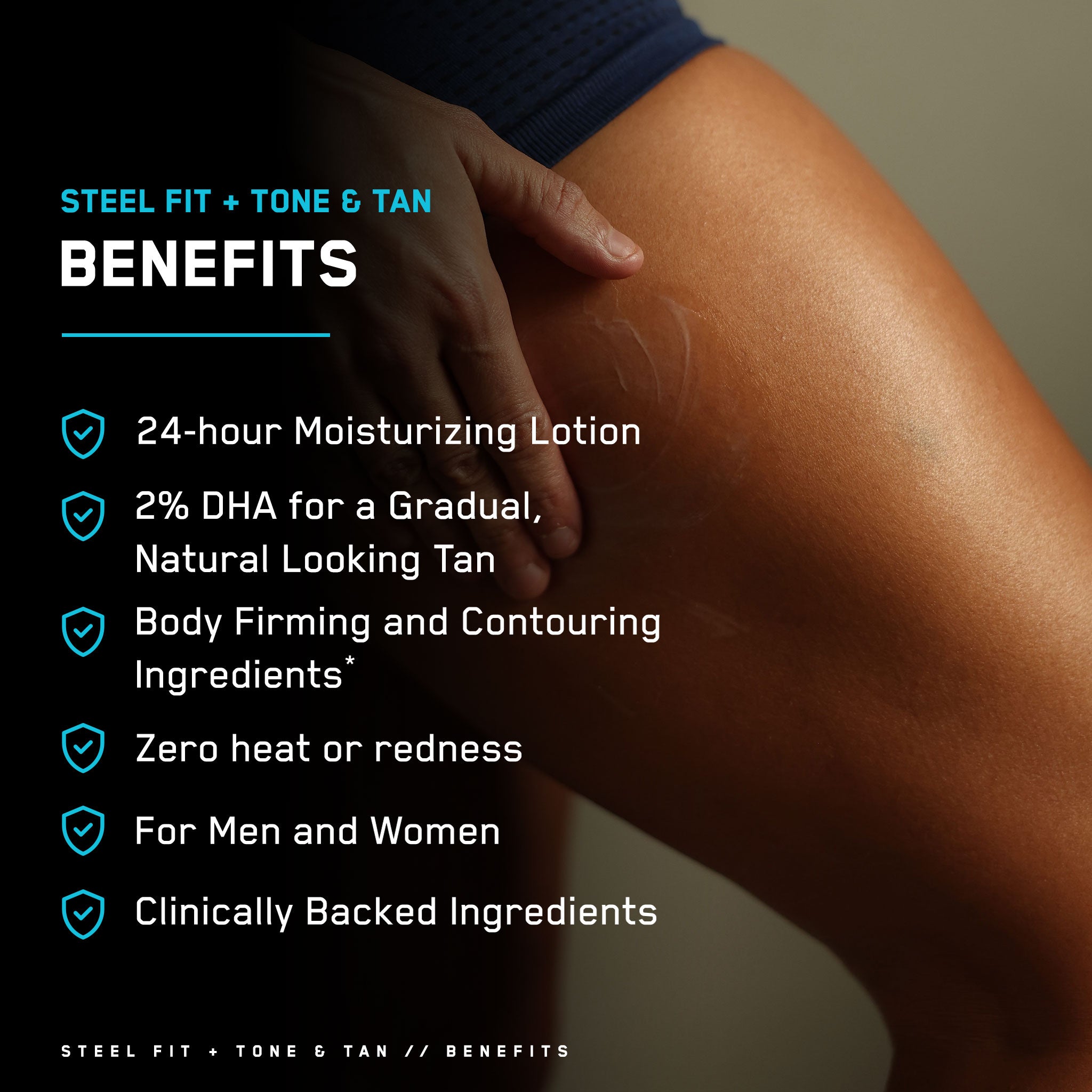 Steel Fit + Tone & Tan promotional image showing lotion application on thigh, highlighting benefits: 24-hour moisturizer, gradual tan, firming, contouring, with no heat or redness.