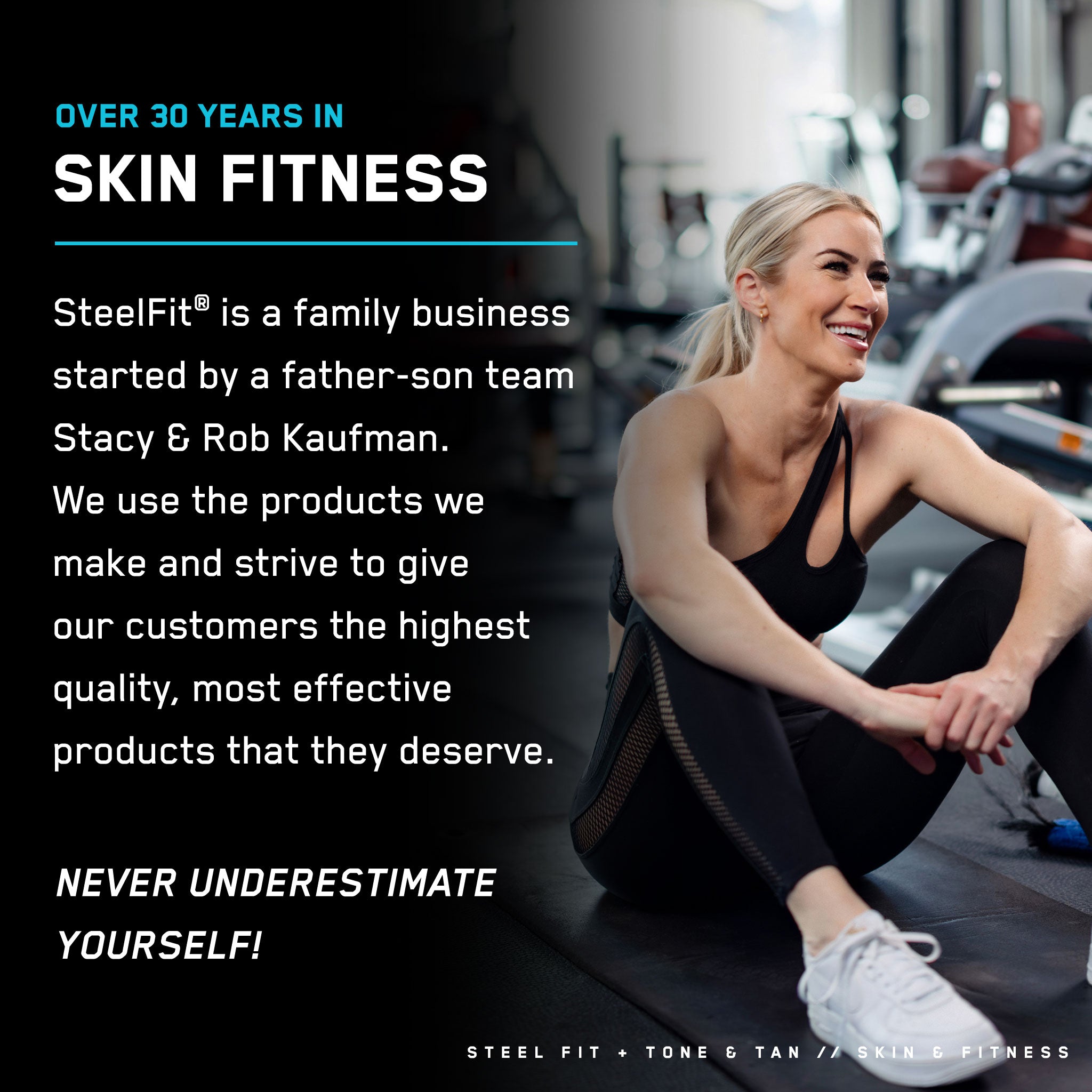 Steel Fit + Tone & Tan promotional poster featuring a smiling woman in workout attire, highlighting its firming moisturizer and bronzer benefits for a radiant, sculpted look.