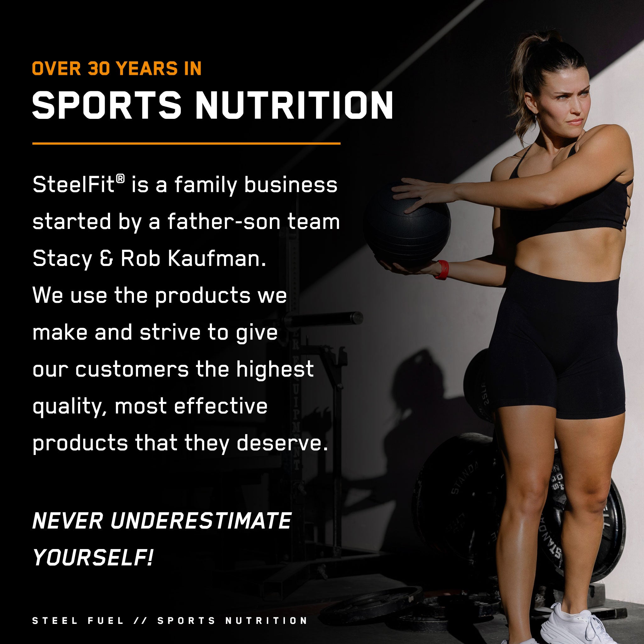 Steel Fuel® supplement in use, shown with a woman holding a ball, emphasizing muscle repair, endurance, and electrolyte replenishment benefits.