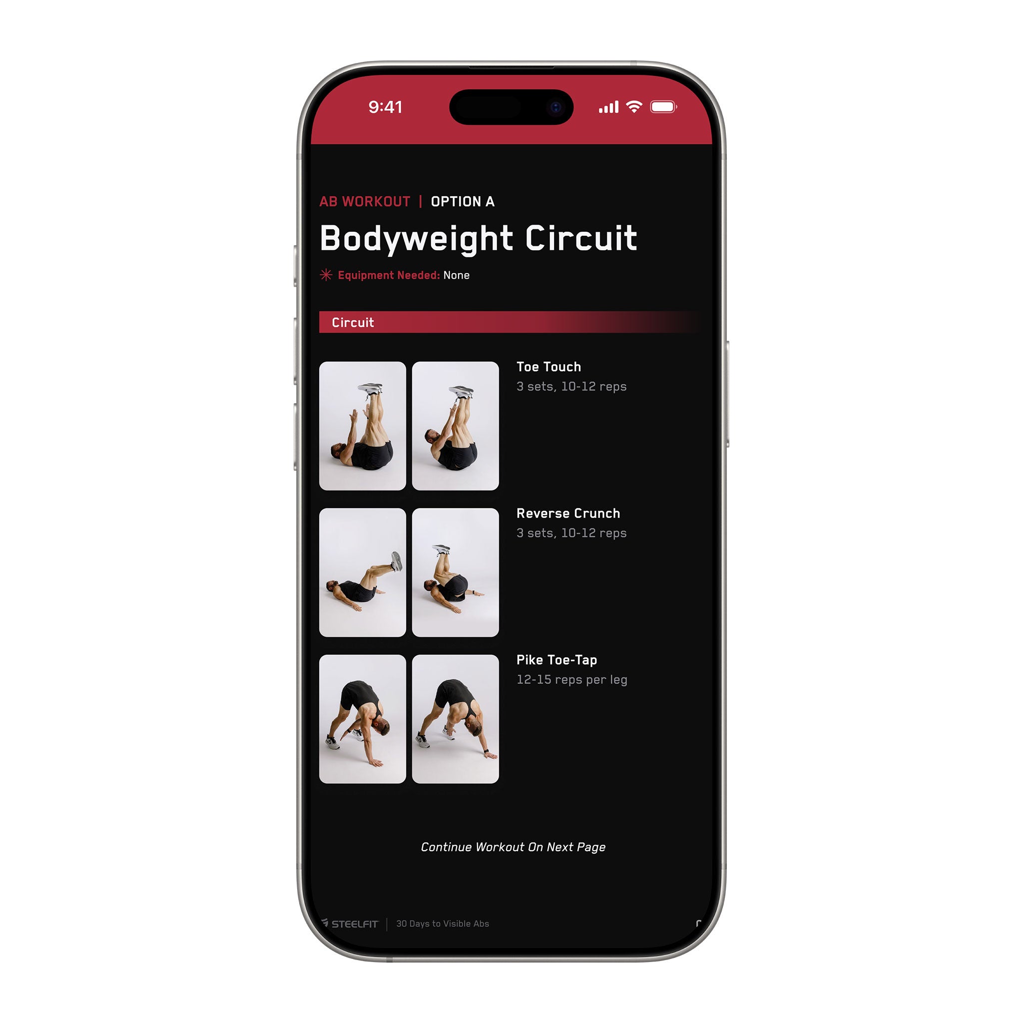 30 Days to Visible Abs workout plan screenshot featuring ab-focused exercises: Toe Touch, Reverse Crunch, Pike Toe-Tap. No equipment needed. SteelFit branding visible.