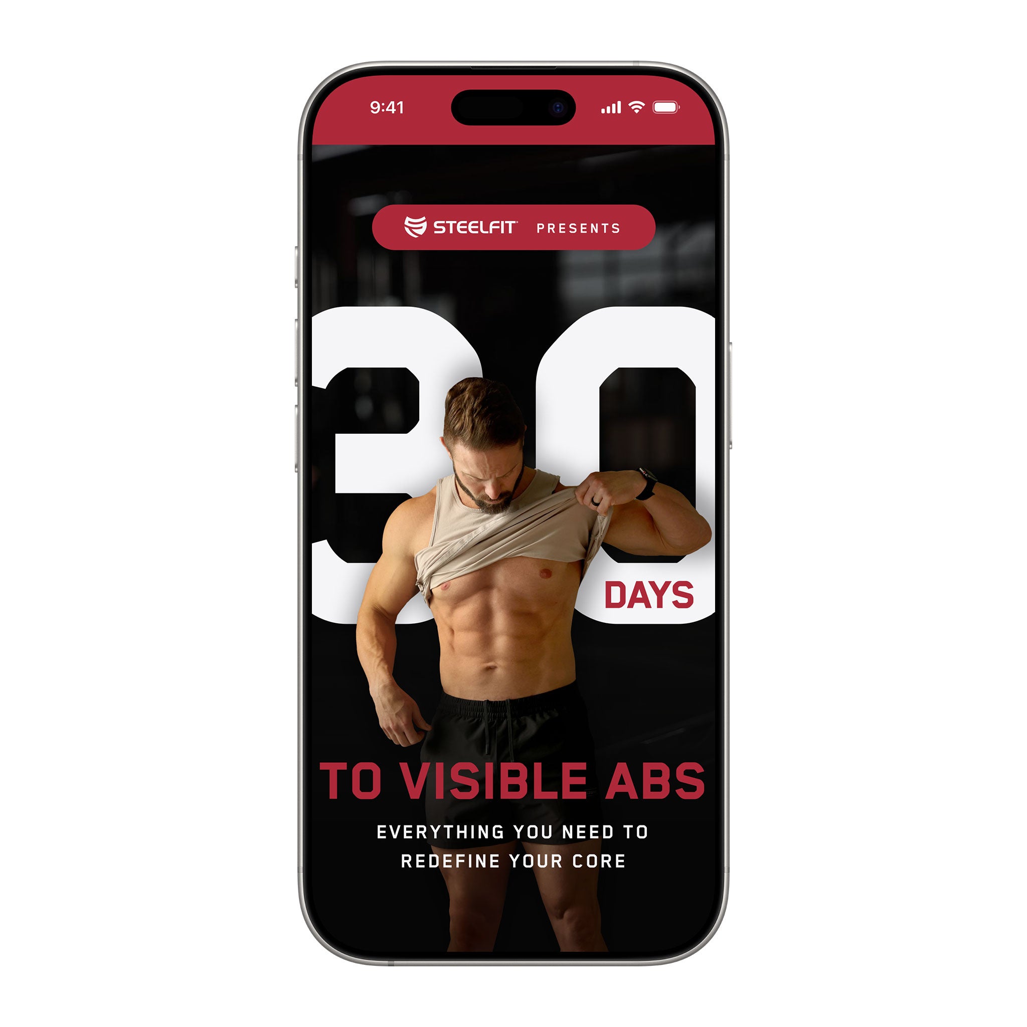 iPhone mock-up displaying 30 Days to Visible Abs program with a muscular man showcasing his abs, promoting a plan for achieving defined abdominal muscles.