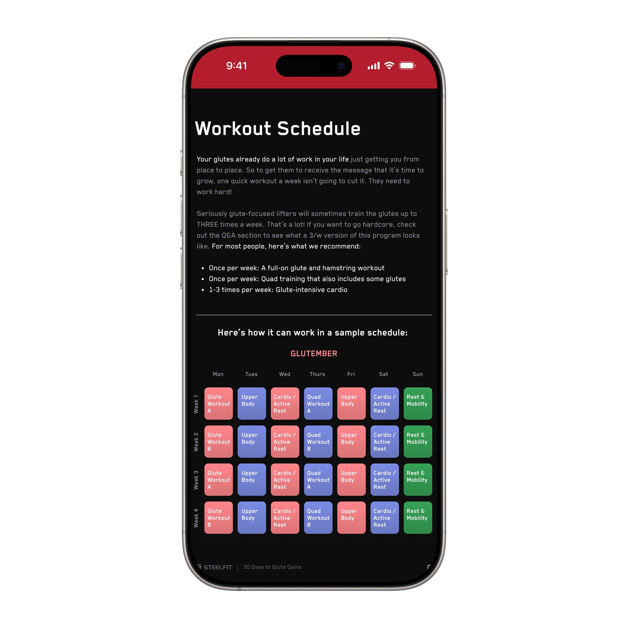 30 Days to Glute Gains workout schedule on a smartphone screen, detailing a four-week glute-focused training plan by SteelFit USA for enhanced strength and physique.