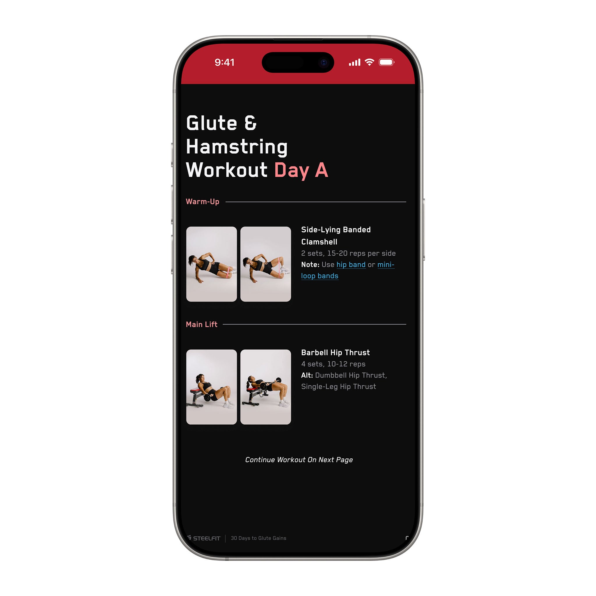 Smartphone screen showing 30 Days to Glute Gains workout: side-lying banded clamshells and barbell hip thrusts with images of a model demonstrating exercises.