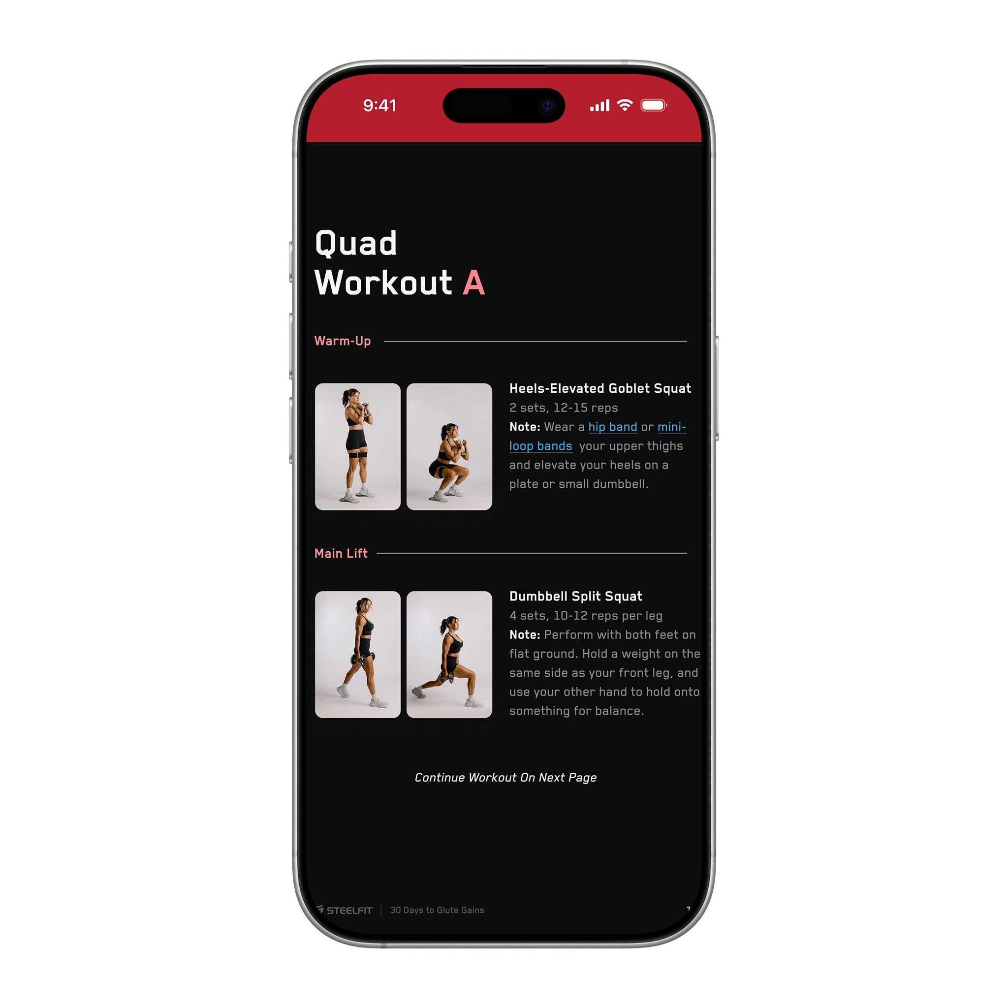 SteelFit fitness guide displaying '30 Days to Glute Gains' quad workout, featuring exercises like Heels-Elevated Goblet Squat and Dumbbell Split Squat with detailed instructions.