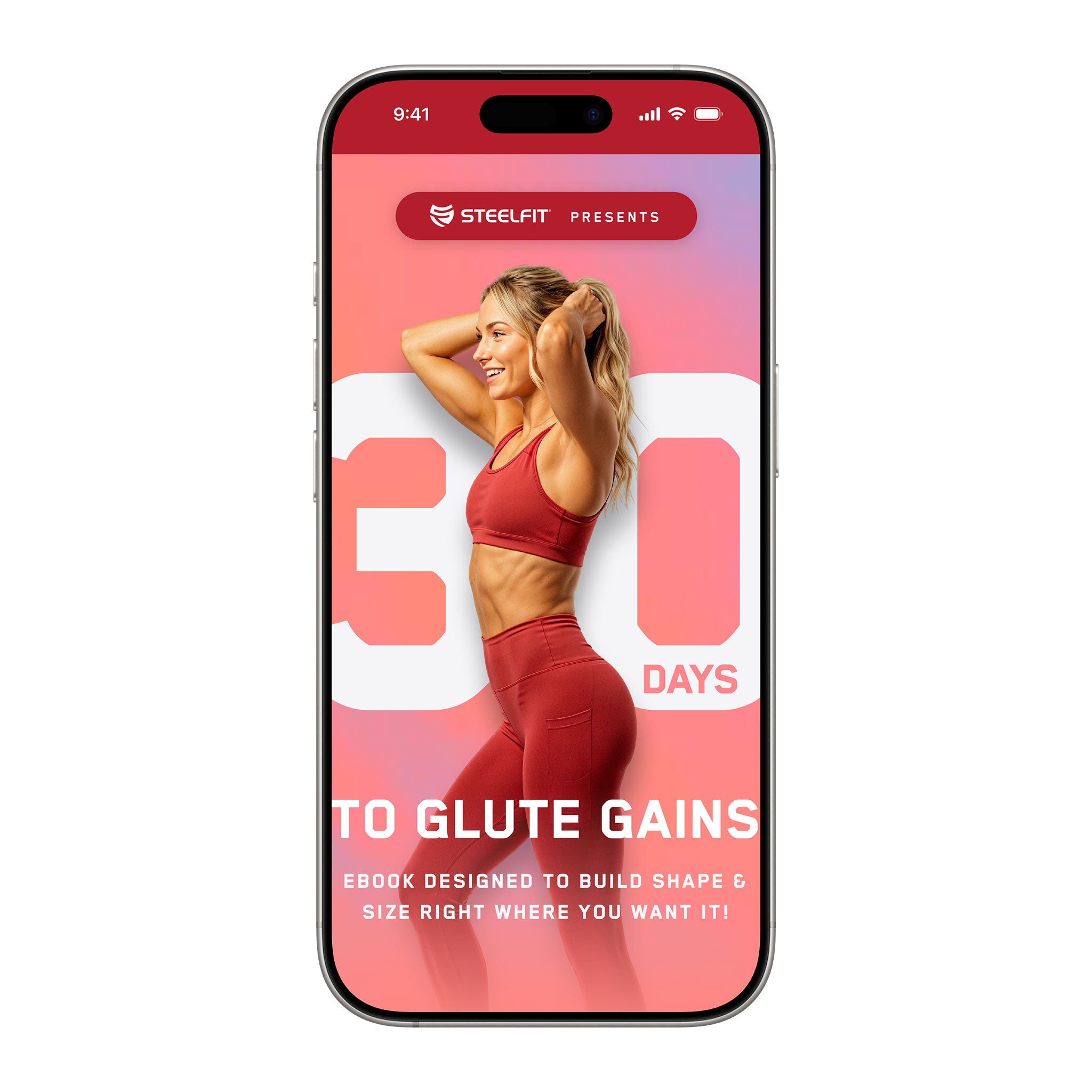 SteelFit promotion for 30 Days to Glute Gains e-book featuring a woman in workout gear, designed to enhance glute strength and size.