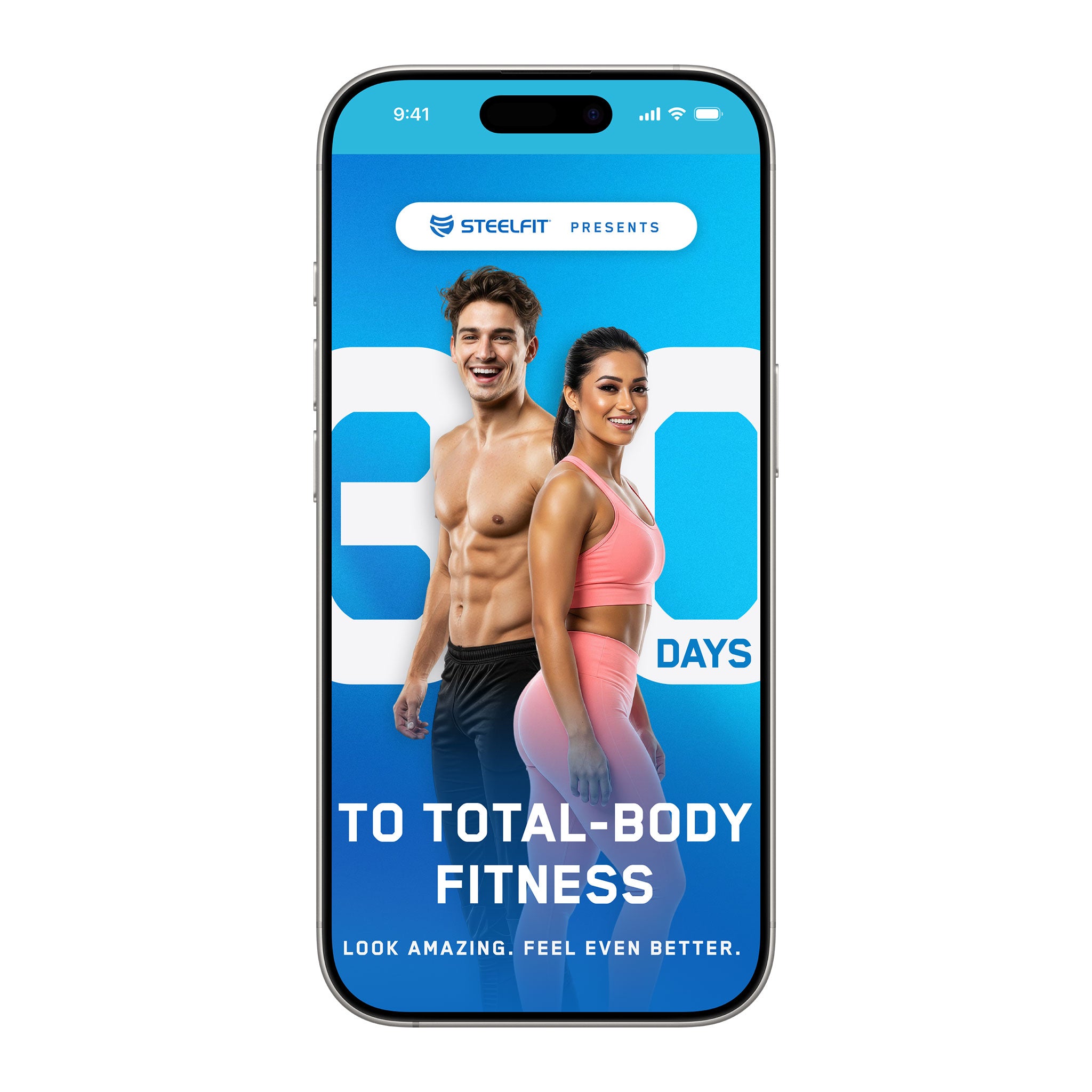 Smartphone displaying 30 Days to Total-Body Fitness promo with fit individuals, highlighting a full-body training program by SteelFit for enhanced strength and energy.