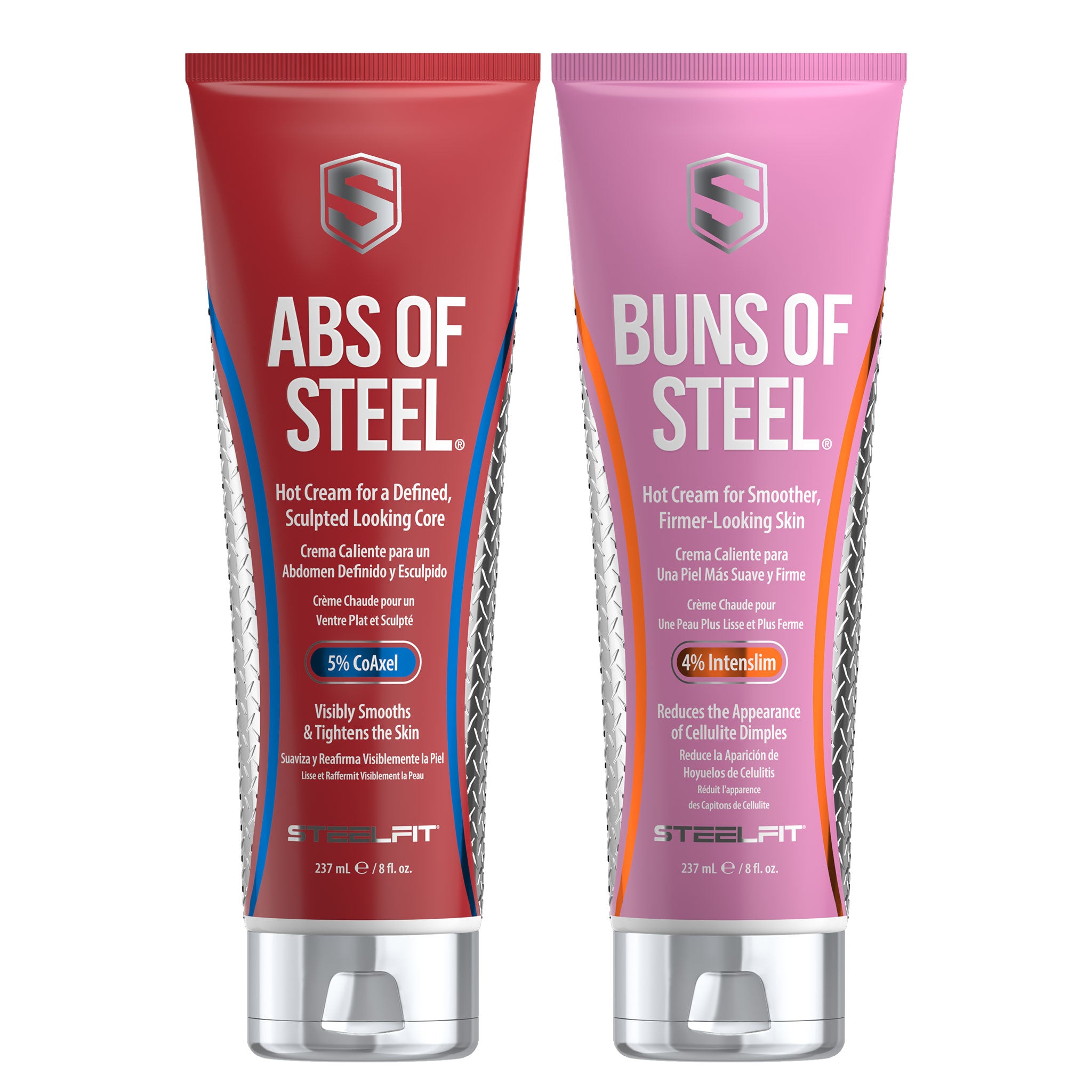 Tighten. Tone. Shred! features SteelFit's Abs of Steel and Buns of Steel creams, designed to sculpt the core and smooth skin, enhancing fat loss and cellulite reduction.