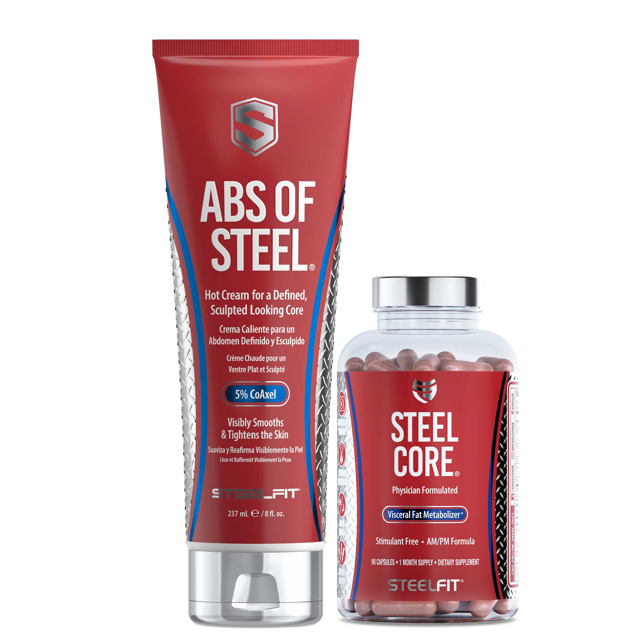 Complete Core System: Abs of Steel cream and Steel Core capsules designed to sculpt your core and metabolize fat, supporting comprehensive fitness goals.