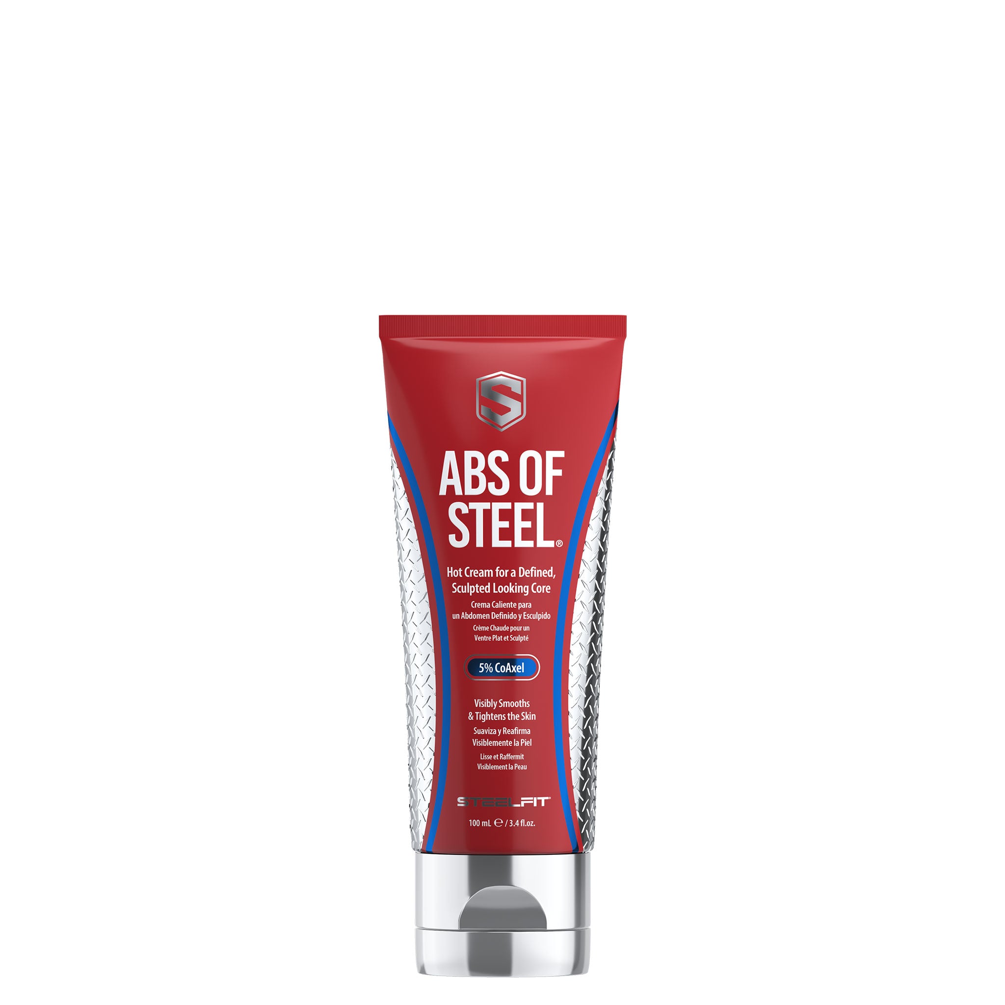 Abs of Steel® hot-cream tube, featuring a 5% CoAxel blend, promotes abdominal definition with heat-activated, thermogenic properties for enhanced fat reduction and water loss.