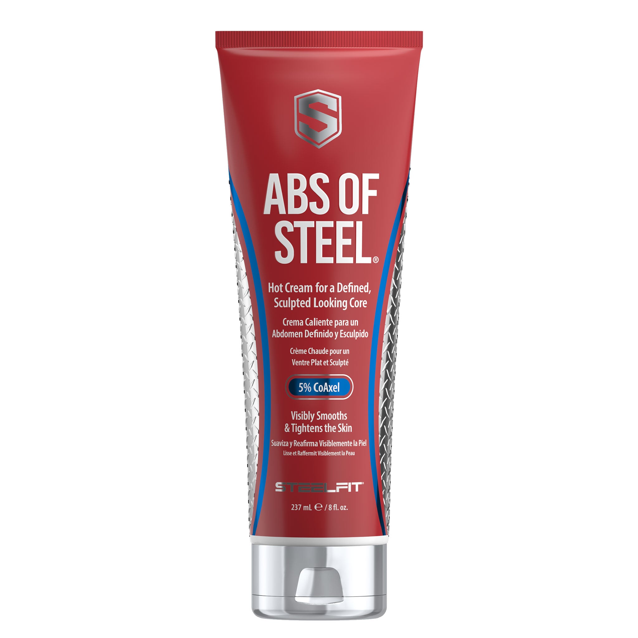 Abs of Steel® Starter Bundle: Red squeeze-tube topical cream by SteelFit USA, promising to smooth and tighten skin, includes a free waist trimmer for enhanced results.