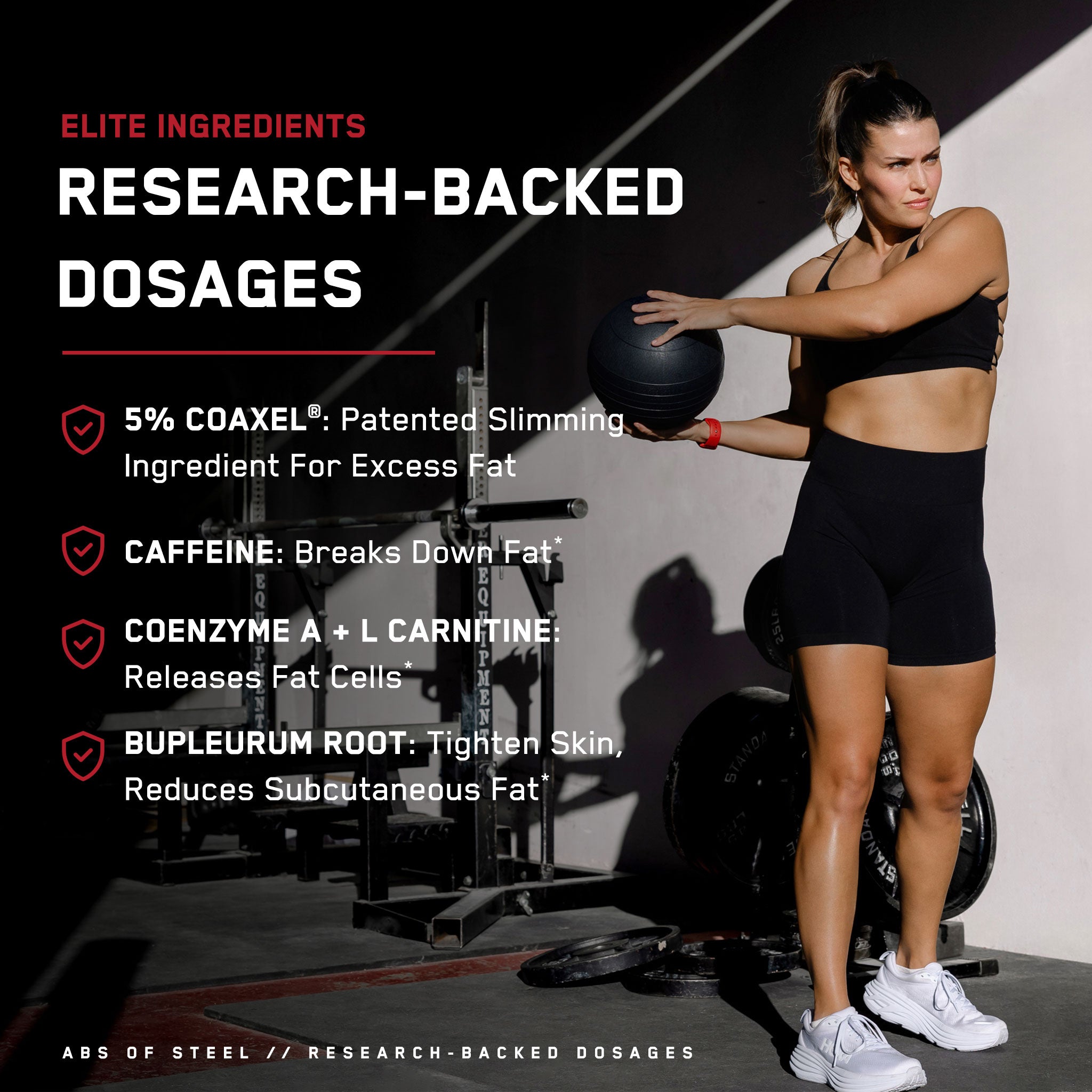 Woman exercising with a medicine ball, showcasing the Abs of Steel® Starter Bundle, designed to enhance cardio and fat-burning for effective workouts.