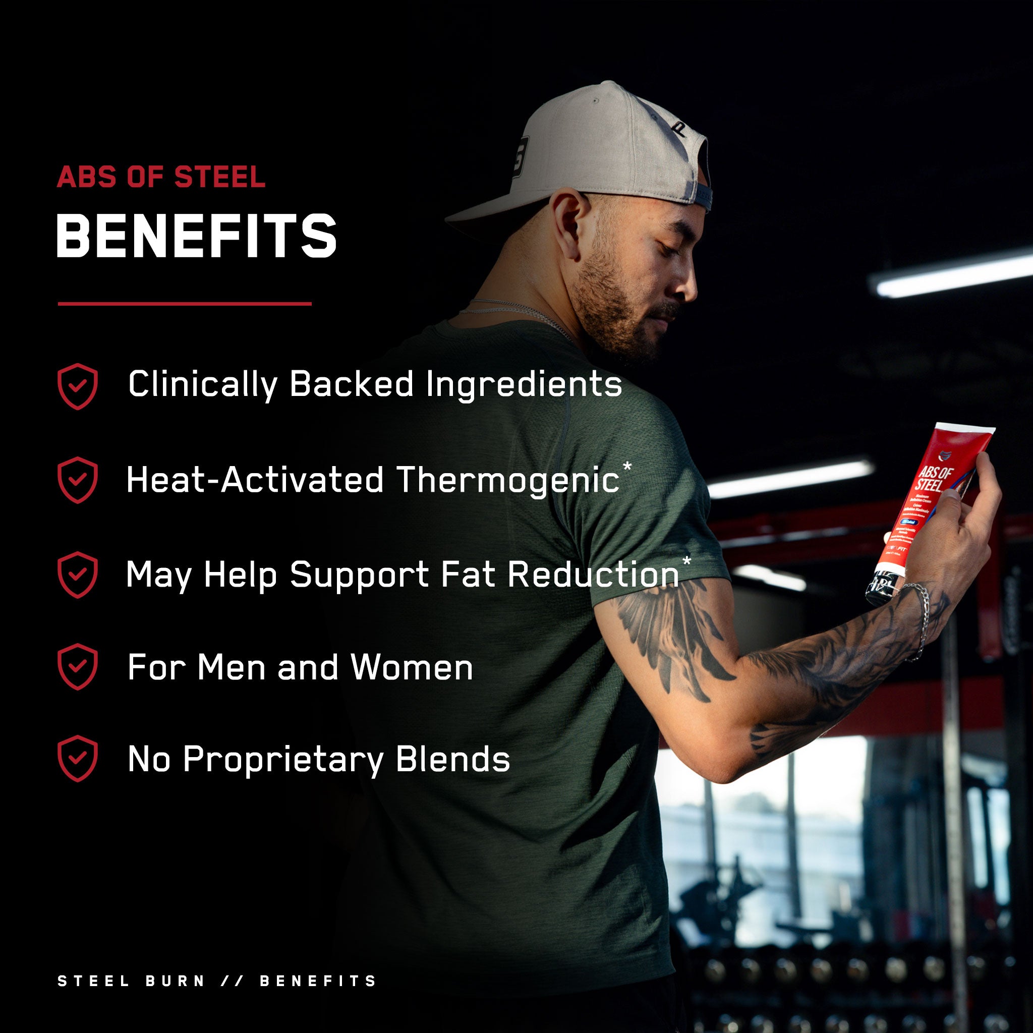 Man holding Abs of Steel® cream tube, part of the Starter Bundle with a waist trimmer, enhancing circulation and fat-burning for fitness goals.