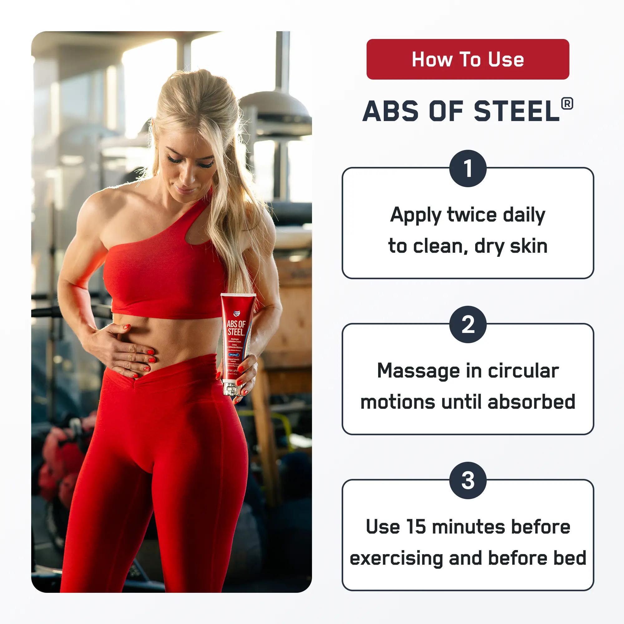 Fit woman in gym holds Abs of Steel® cream, with instructions on side panel detailing use for achieving a defined core through its heat-activated formula.