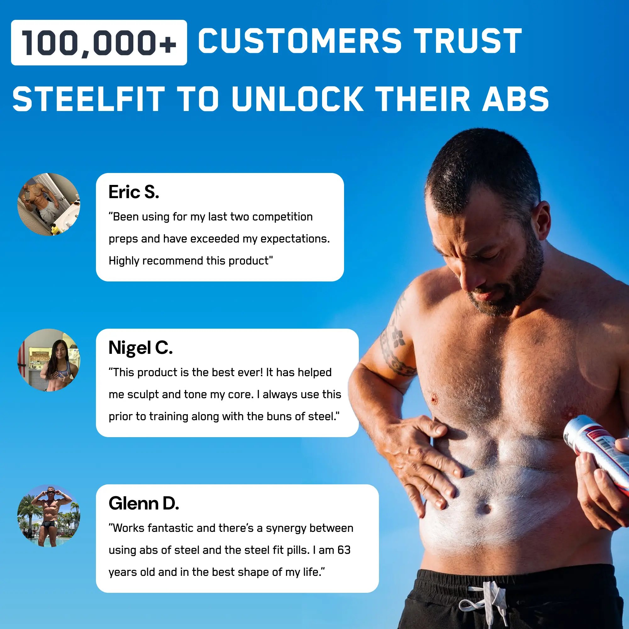 Muscular man applies Abs of Steel® cream on abs, highlighting its heat-activated formula for core definition, with testimonials praising its effectiveness in sculpting and toning.