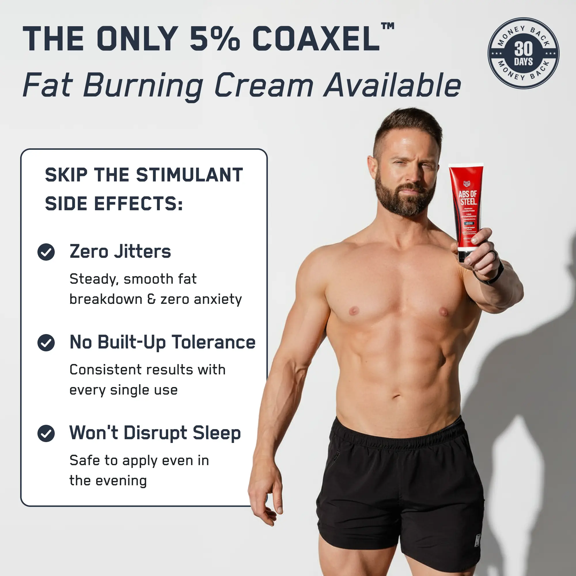 Abs of Steel® promotional image featuring a muscular man with the product. Highlights: 5% Coaxel™ formula, zero side effects, and a 30-day money-back guarantee.