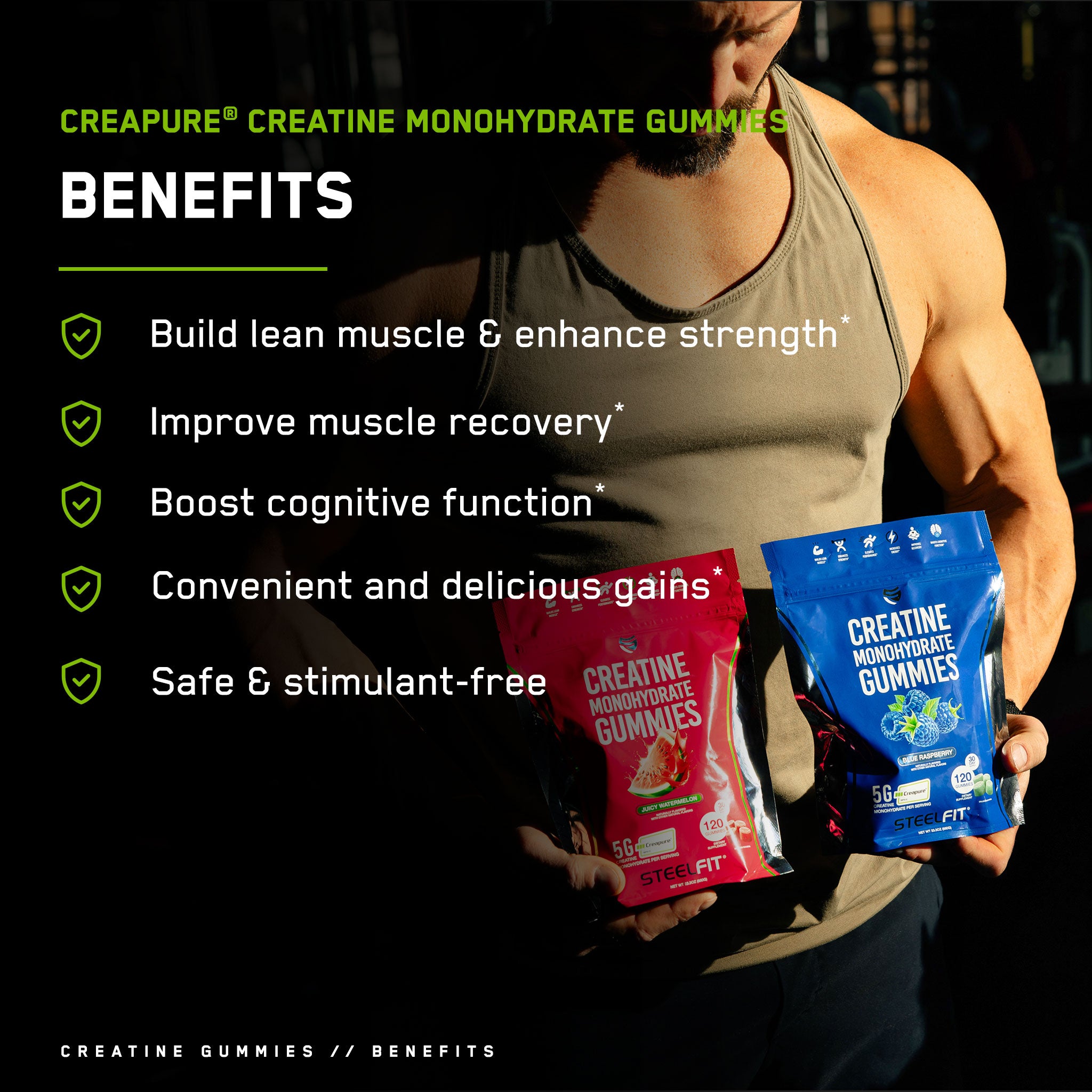 Man holding two bags of Creatine Monohydrate Gummies, featuring 5G Creapure® Creatine Monohydrate per serving, ideal for enhancing workouts.