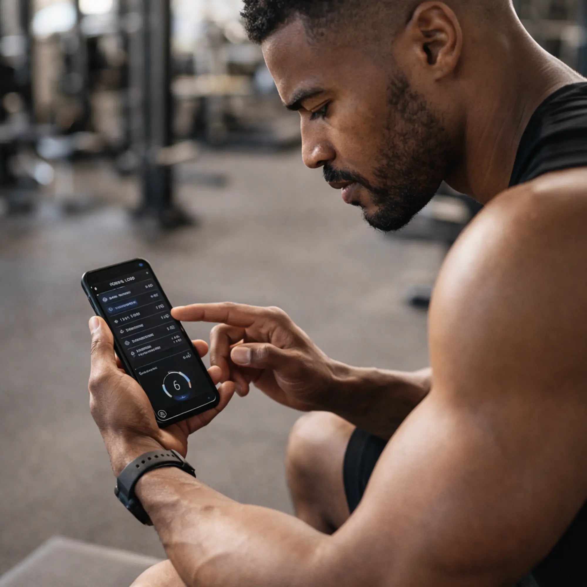 Man using a smartphone app in a gym setting