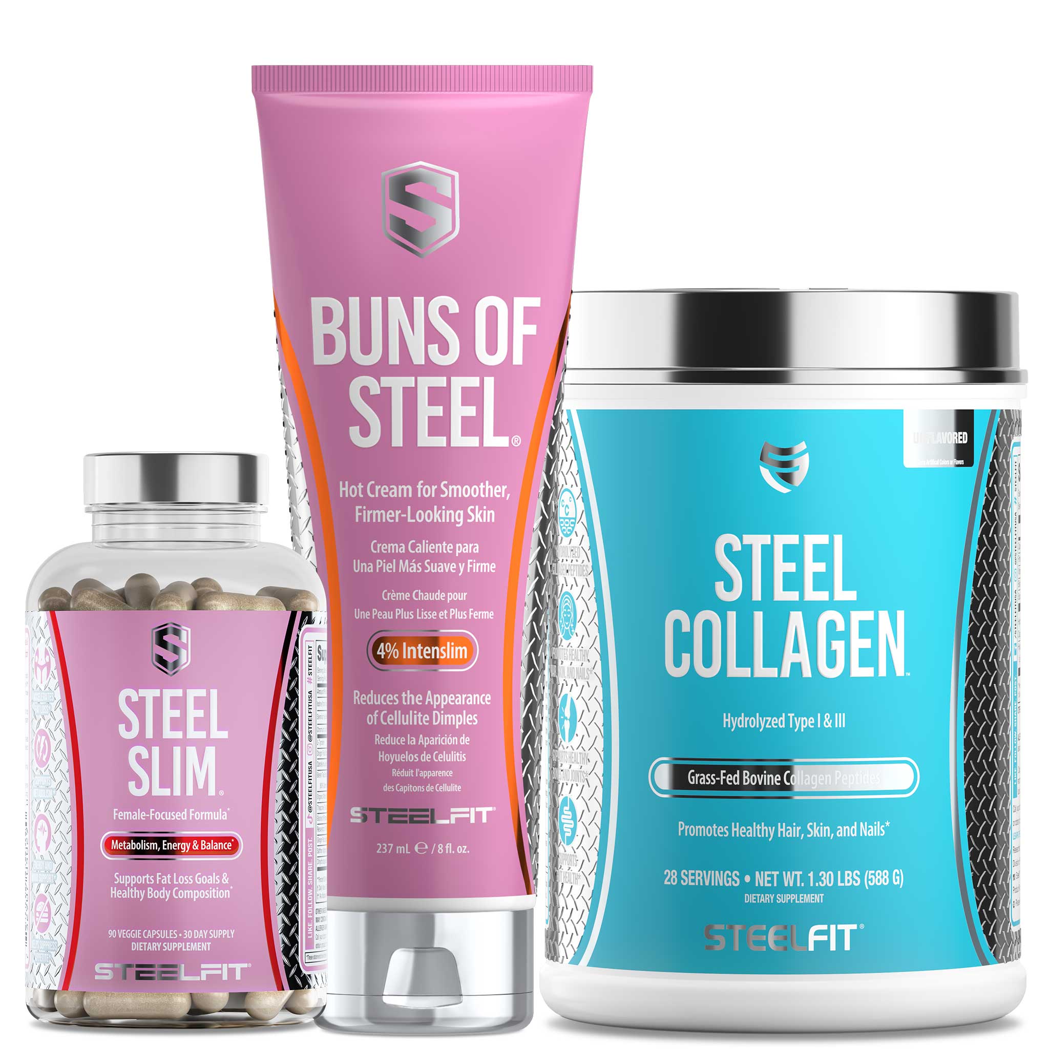 Booty and Beauty Bundle: Steel Slim capsules, Buns of Steel cream, and Steel Collagen peptides for metabolism, skin firming, and beauty support.