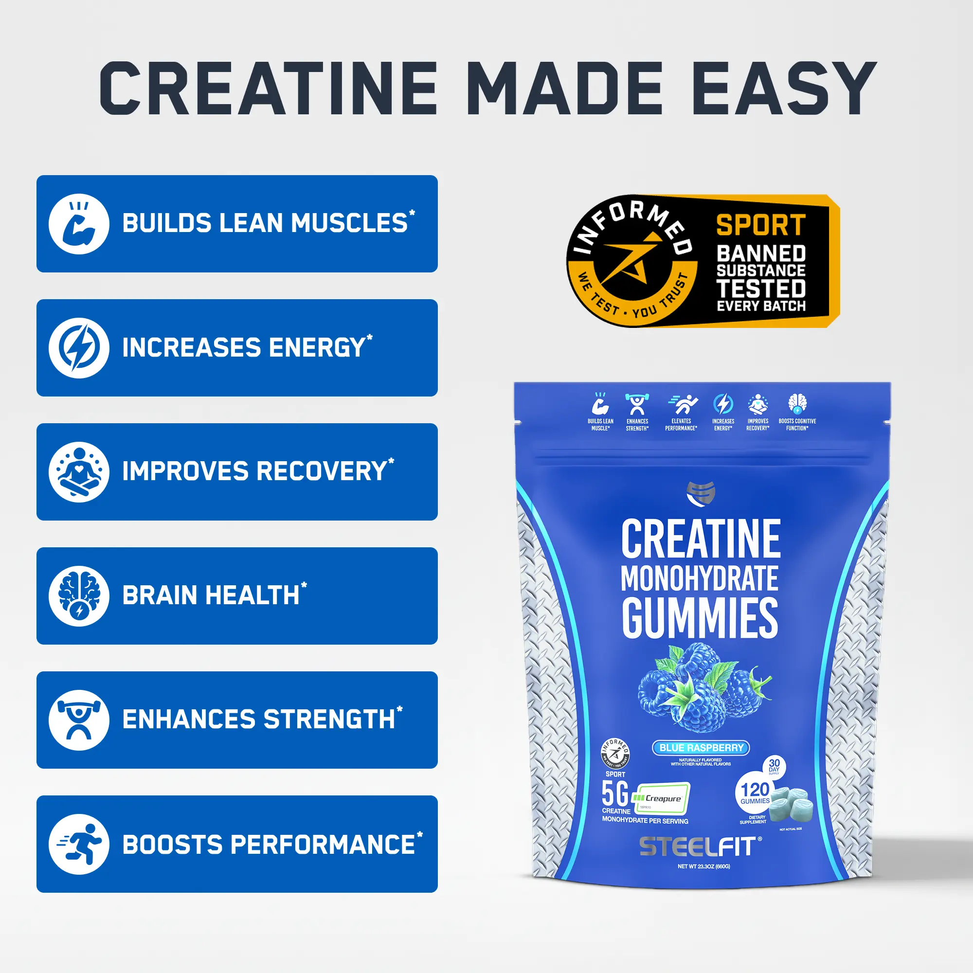 SteelFit Creatine Monohydrate Gummies in blue raspberry flavor, featuring 5g Creapure® creatine per serving, promote muscle building, energy, recovery, and performance.