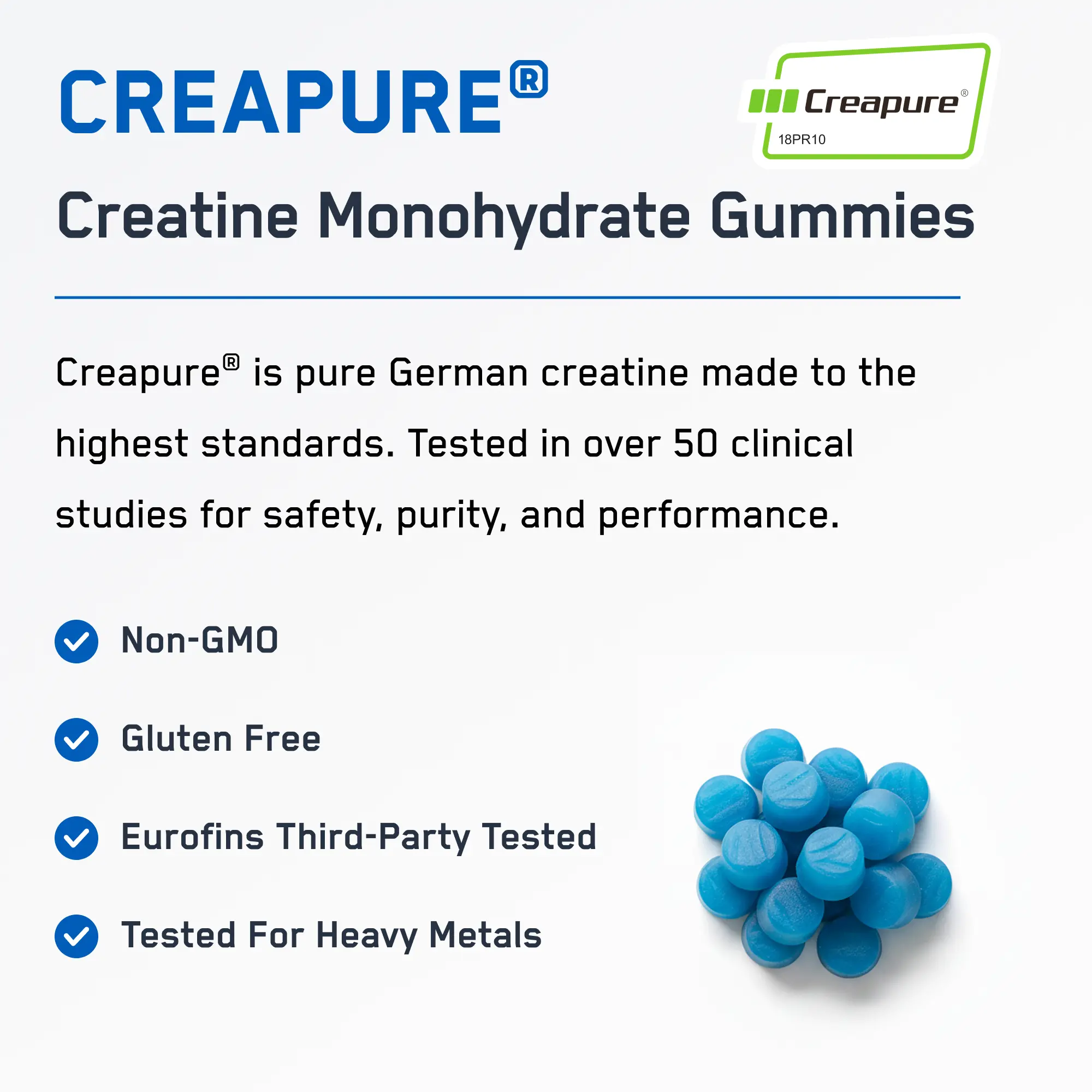 Creapure® Creatine Monohydrate Gummies, featuring non-GMO, gluten-free, third-party tested creatine for enhanced workouts, with bright-blue gummies illustrating the product's purity and performance.