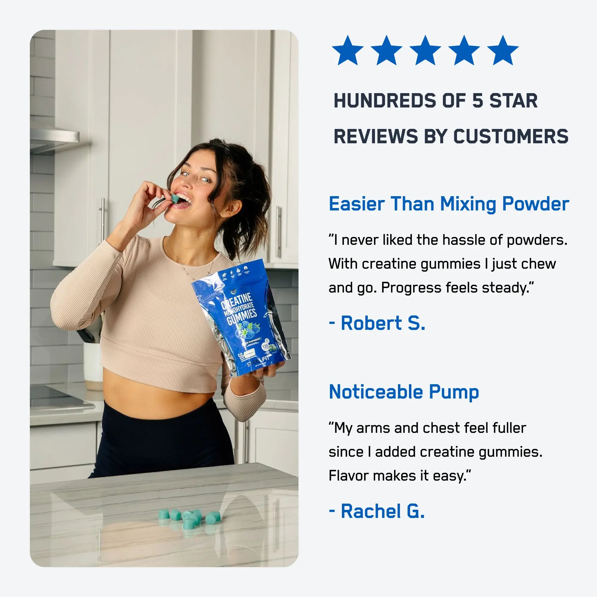 Woman in kitchen enjoying SteelFit® Creatine Monohydrate Gummies, with five-star reviews highlighting convenience and workout benefits on the side.