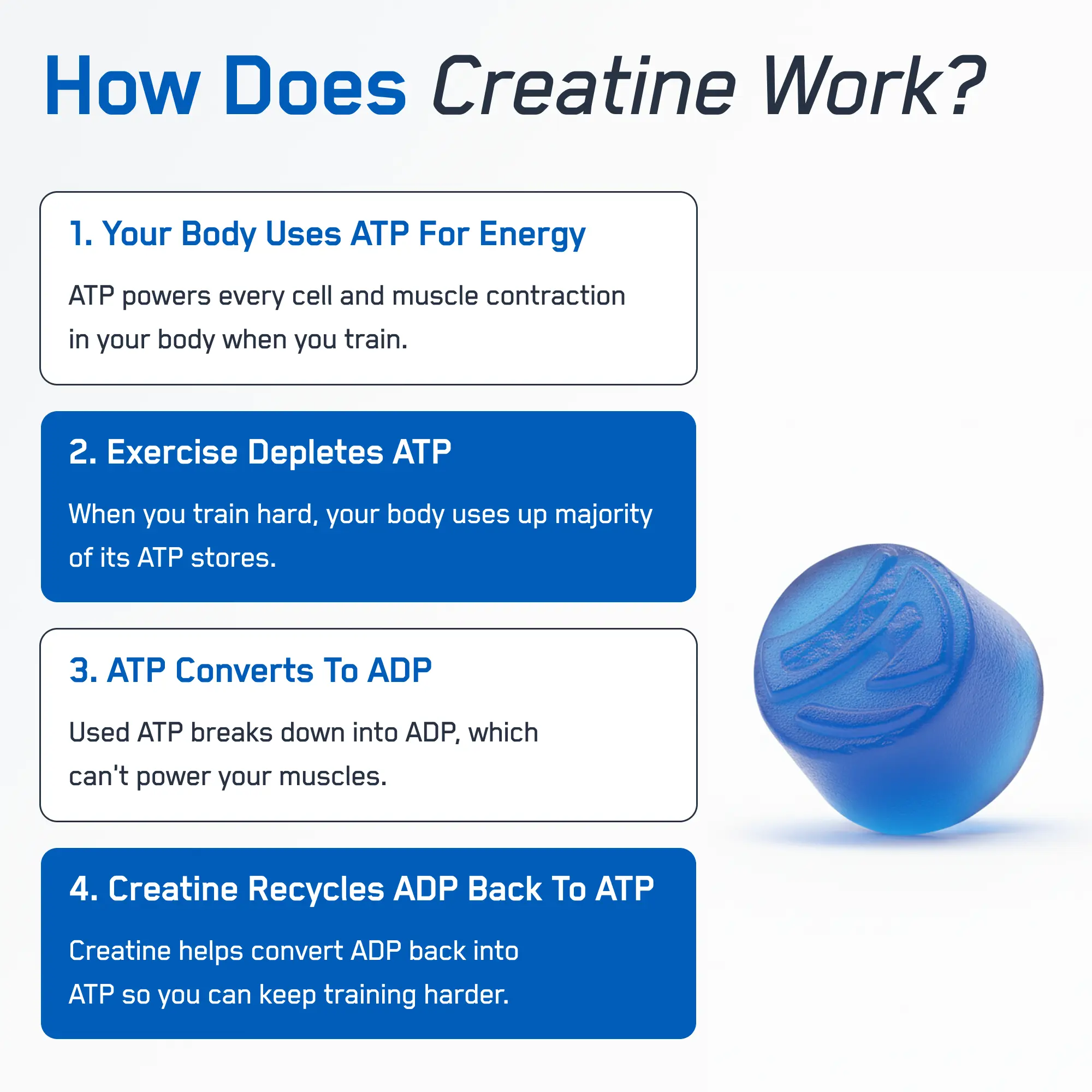 Infographic explaining creatine's role in energy recycling, featuring SteelFit® Creatine Monohydrate Gummies, highlighting their benefit in enhancing workout performance and muscle energy restoration.