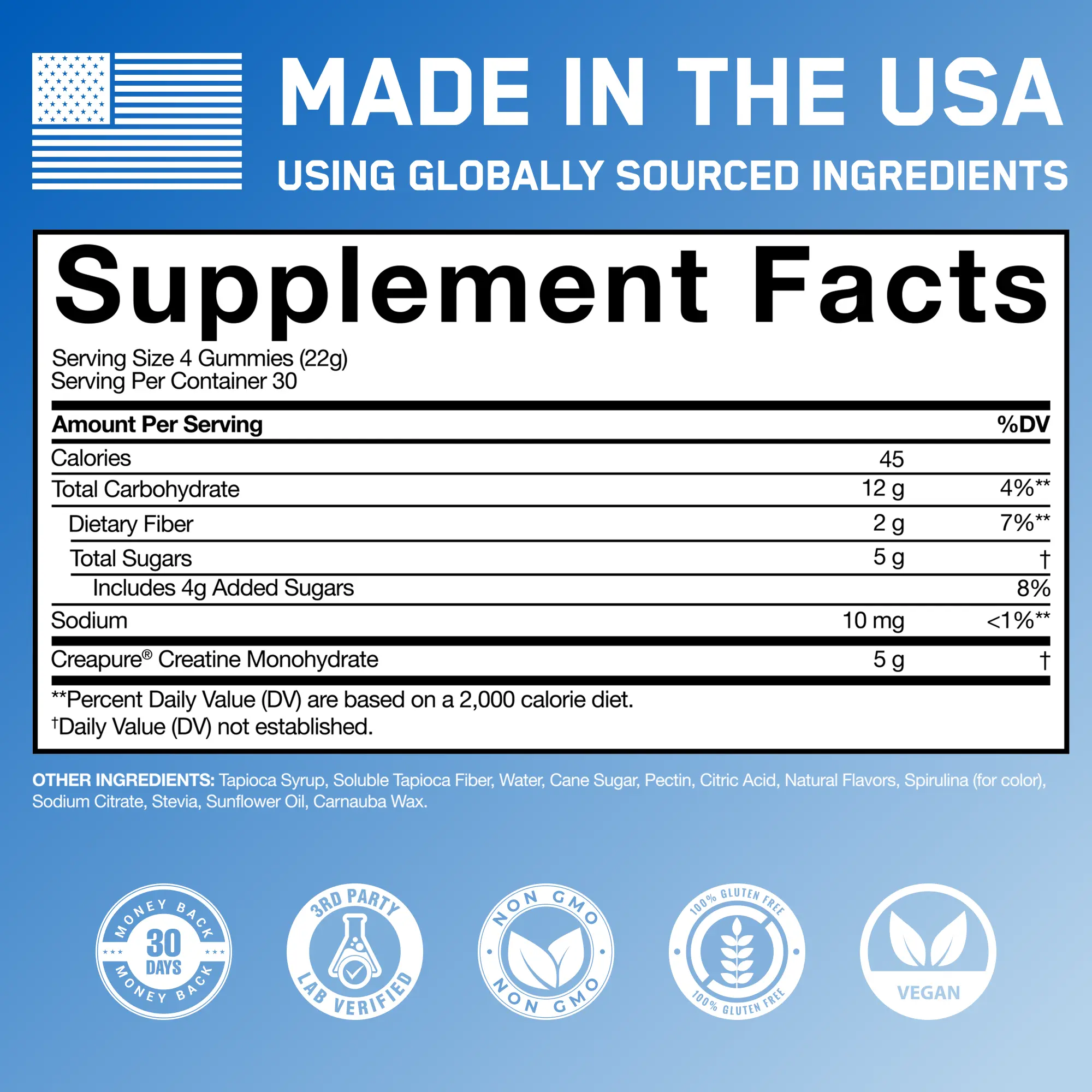 Creatine Monohydrate Gummies label detailing supplement facts, including 5g Creapure® Creatine per serving, with icons for vegan, non-GMO, gluten-free, and 30-day guarantee.