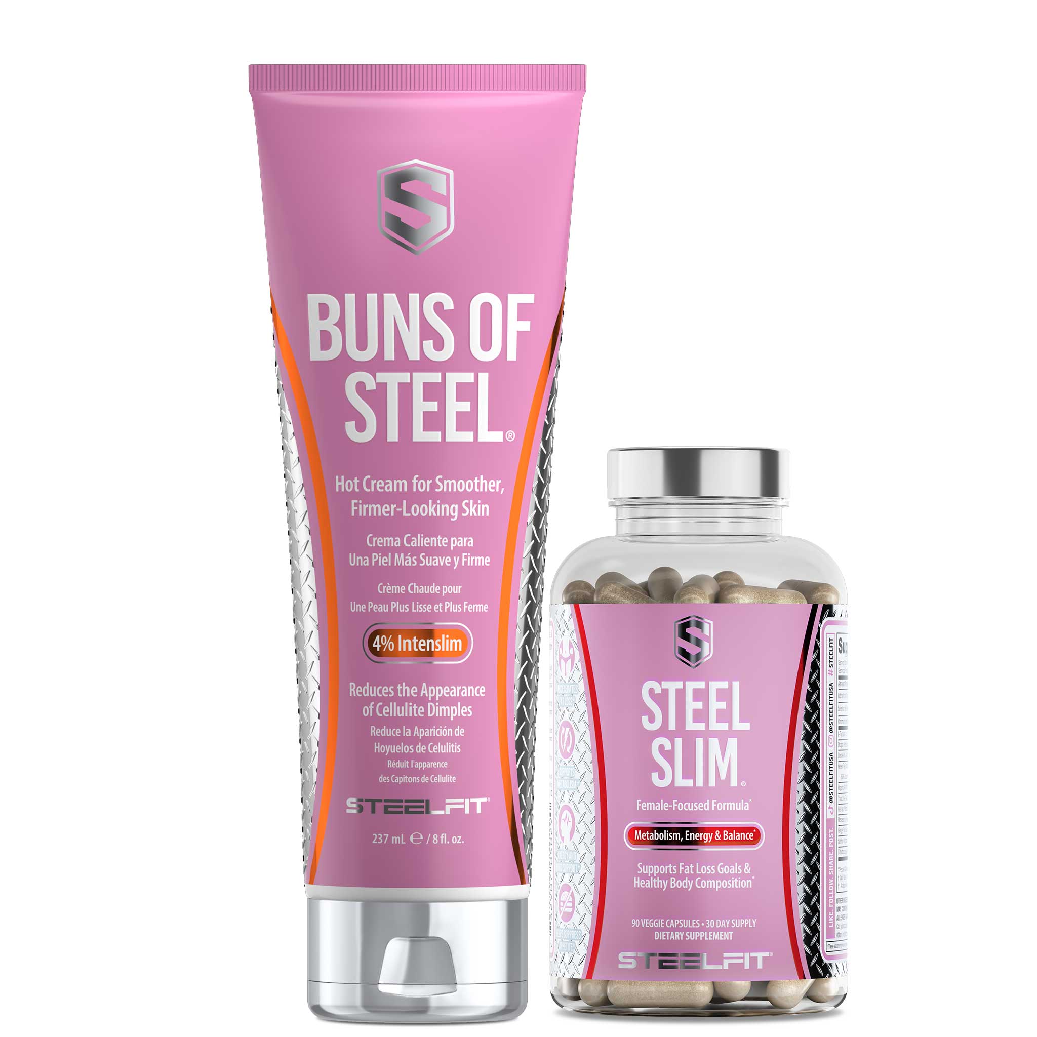 Booty and Beauty Bundle: SteelFit's Buns of Steel cream and Steel Slim capsules, a dual approach for skin firming and metabolism support.