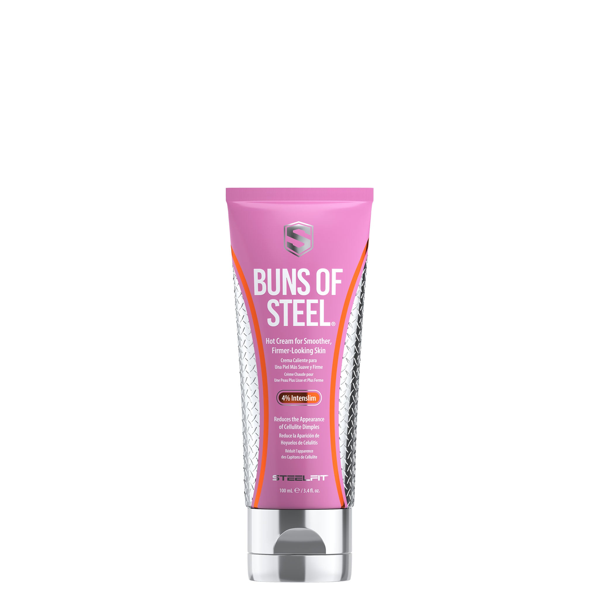 Buns of Steel® by SteelFit, a hot-cream formulation in a pink tube, designed to smooth and firm skin, reducing cellulite appearance with 4% Intenslim.