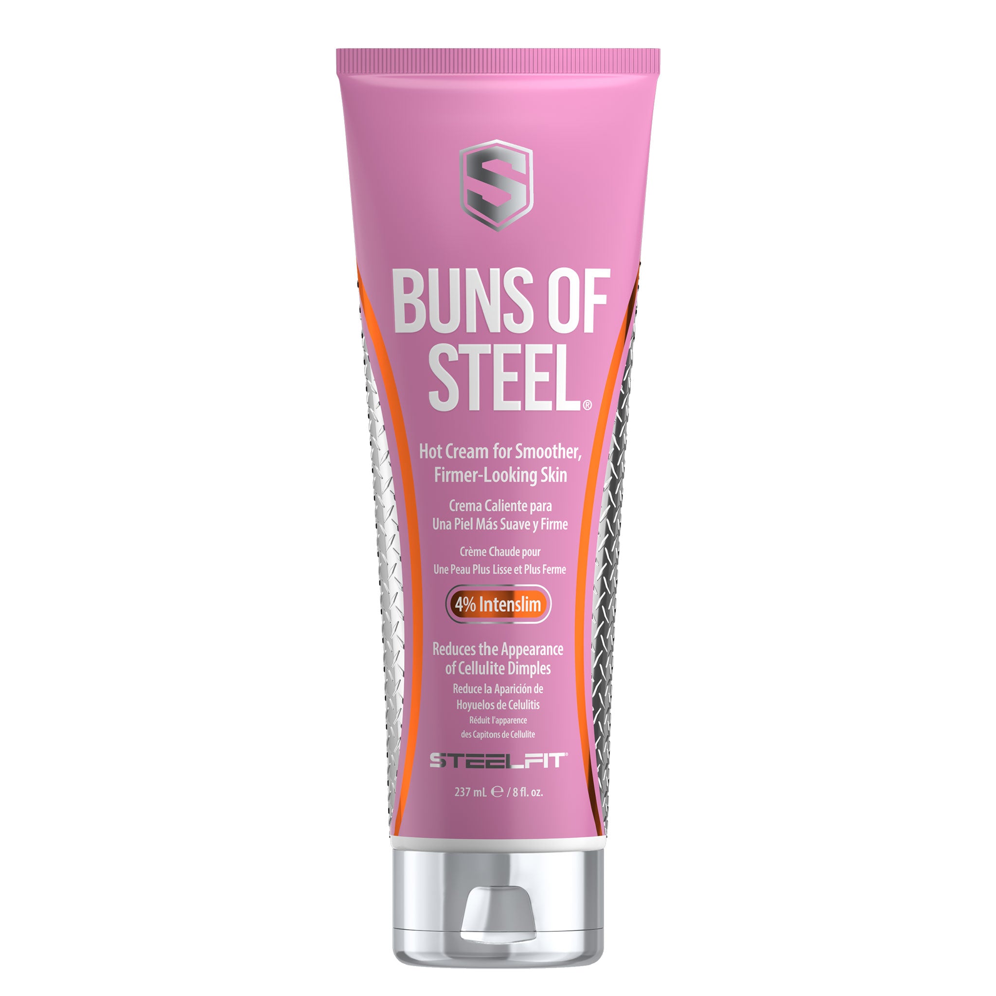 Buns of Steel® hot cream tube for smoother, firmer-looking skin with 4% Intenslim™, designed to reduce cellulite appearance and tone buttocks. Net 237 mL / 8 fl. oz.