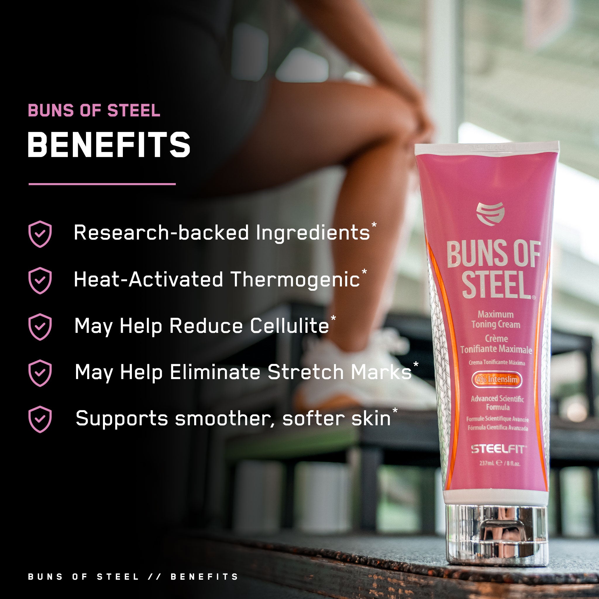 Buns of Steel® Starter Bundle: Pink cream tube on a table, part of a fitness-enhancing set with thigh trimmers for effective training results.