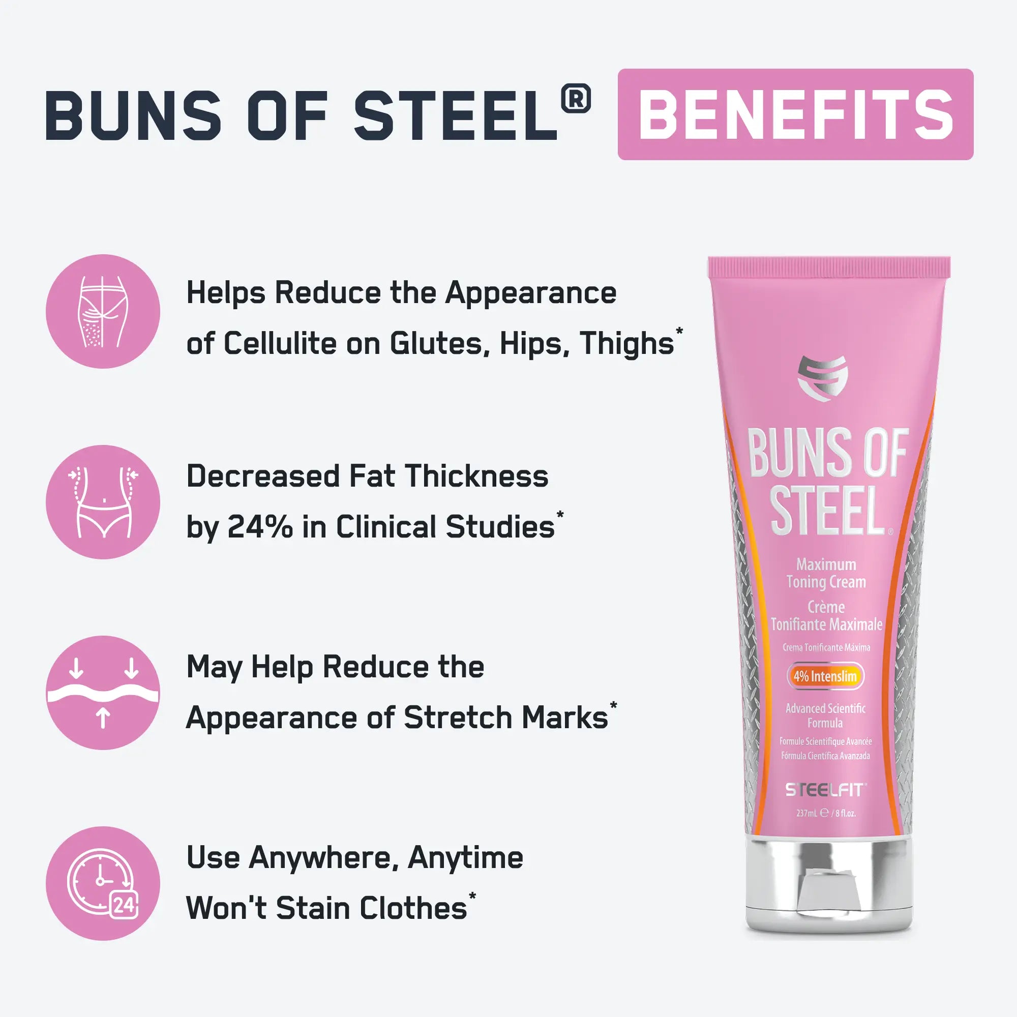 Tighten. Tone. Shred! Buns of Steel Maximum Toning Cream reduces cellulite, stretch marks, and fat thickness. Includes waist trimmer for enhanced fat loss and toning.