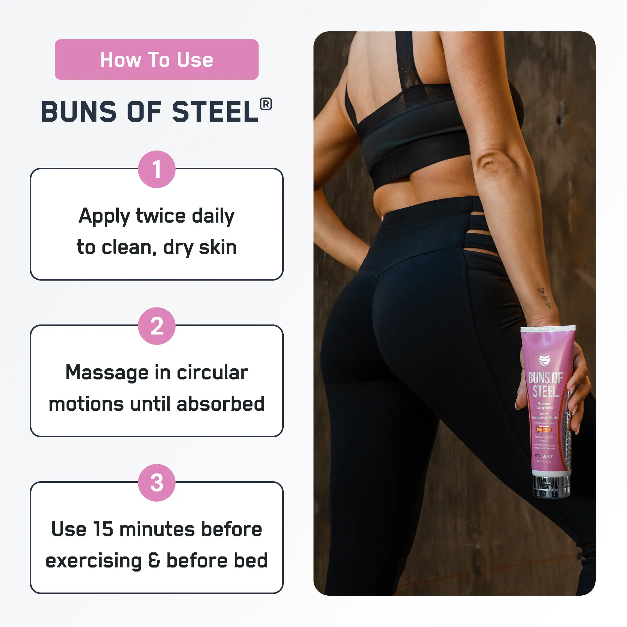 Buns of Steel® promotional image shows usage steps and a fit woman holding the cream, emphasizing its toning benefits for a tight, toned appearance.