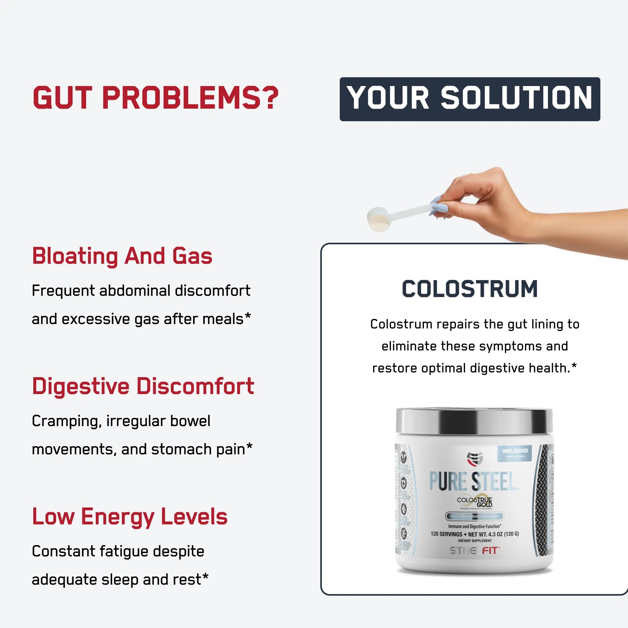 Bovine colostrum supplement ad highlighting gut relief benefits with Pure Steel Colostrum Gold, promoting digestive health, immune support, and energy enhancement for fitness goals.