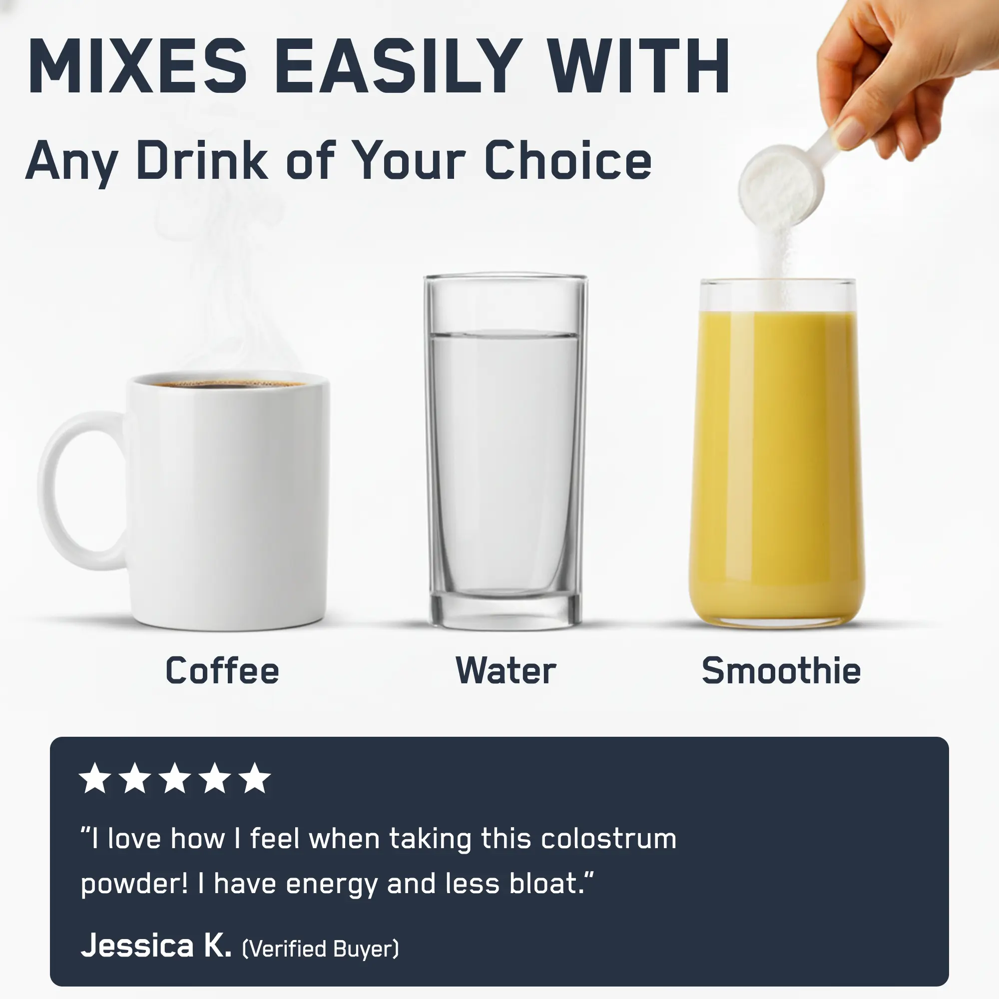 Colostrum powder mixes easily with coffee, water, or smoothies, enhancing energy, immunity, and gut health. User testimonial highlights improved energy and reduced bloating.