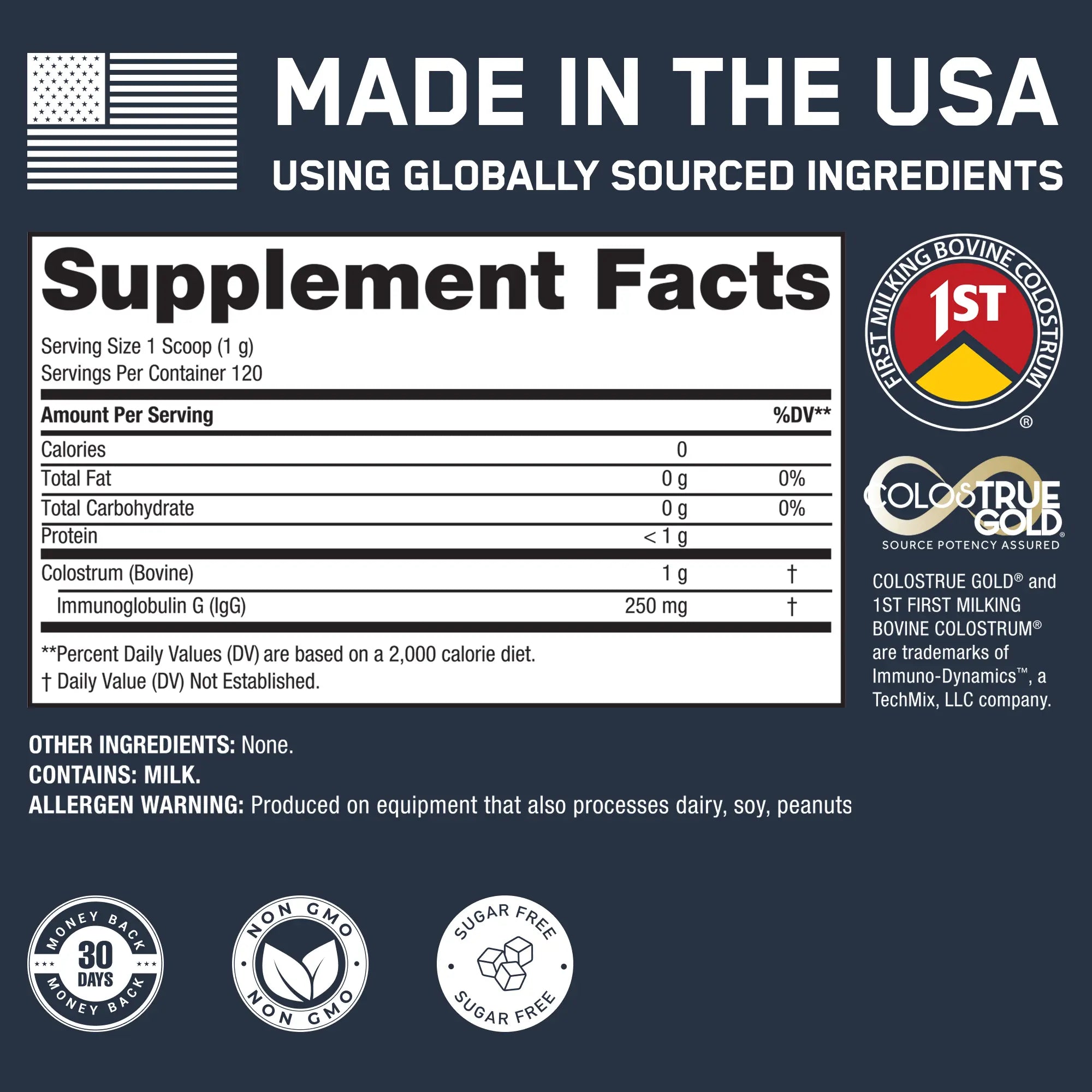Supplement Facts panel for Colostrum: 1g bovine colostrum per serving, made in the USA. Highlights: immune support, gut health, energy boost. 120 servings, non-GMO, sugar-free.