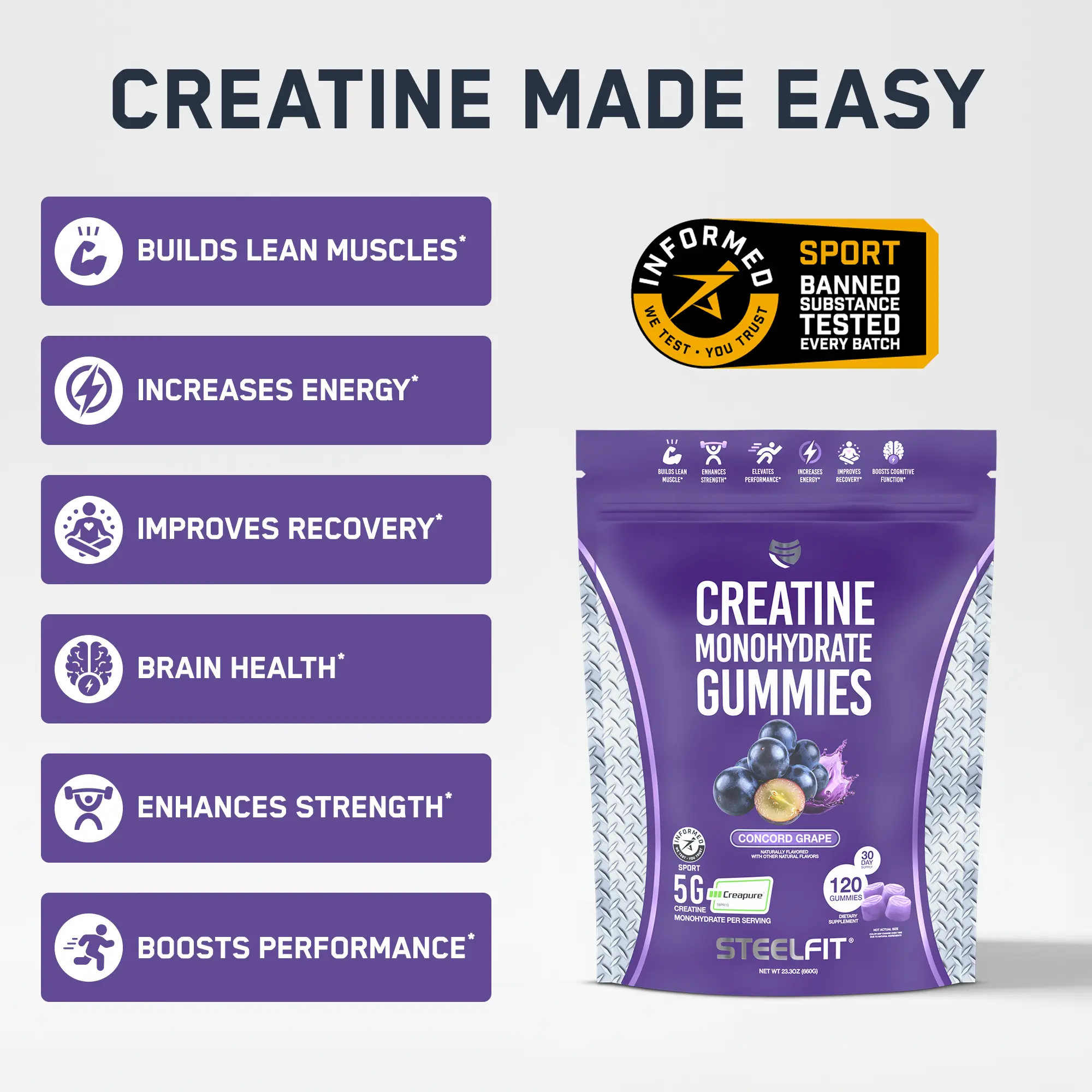 SteelFit’s Creatine Monohydrate Gummies ad highlights benefits like building lean muscle, boosting performance, and enhancing strength with 5g Creapure® creatine per serving.