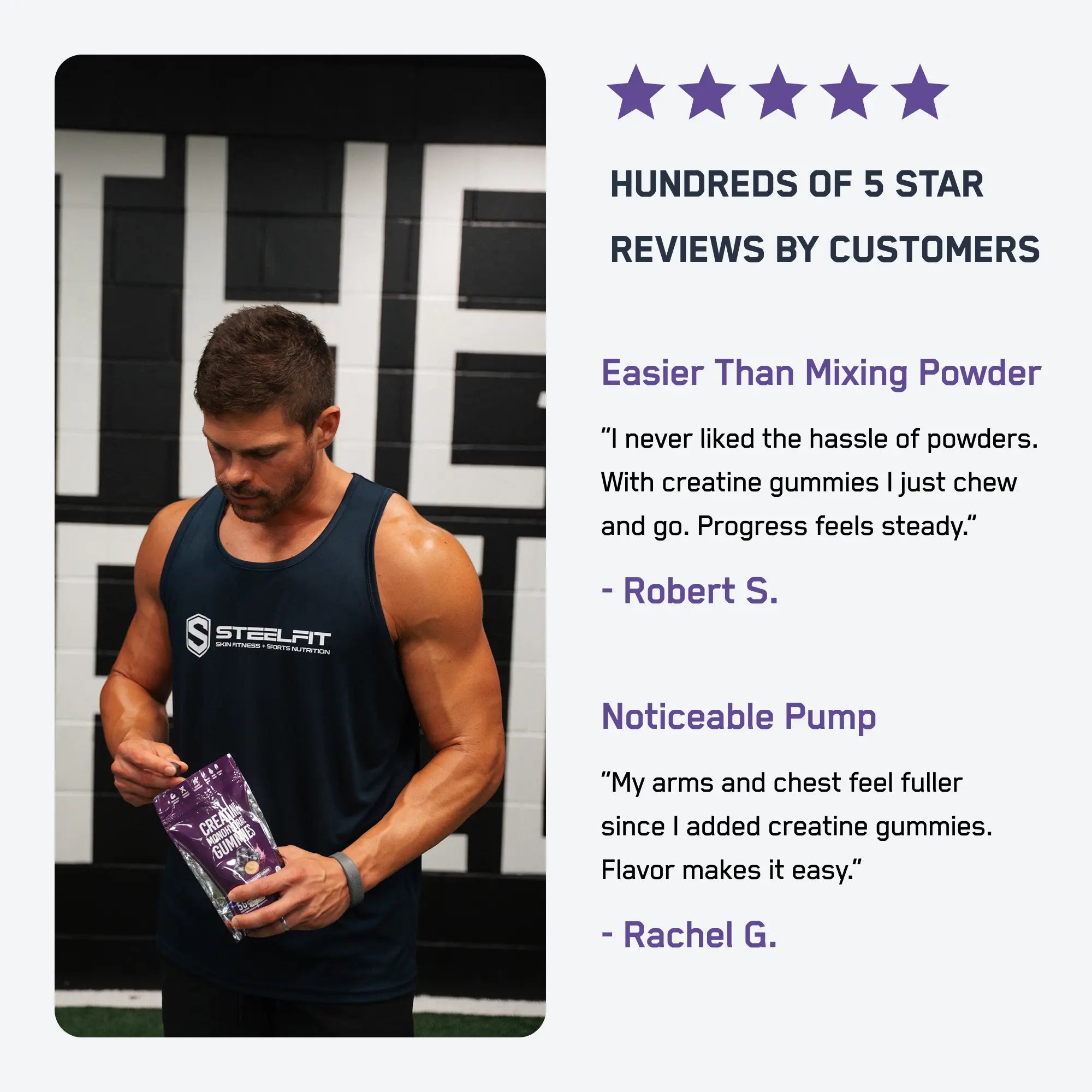 SteelFit's Creatine Monohydrate Gummies offer 5G of Creapure® Creatine for enhanced workouts, highlighted by customer reviews praising ease and effectiveness.