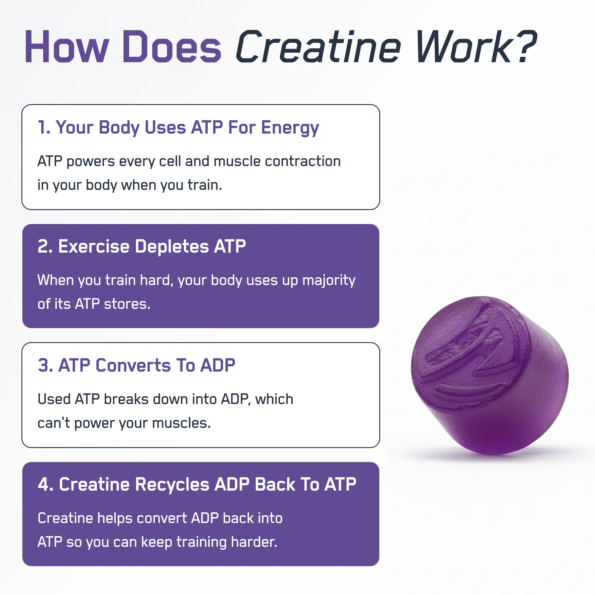 Infographic detailing how Creatine Monohydrate Gummies boost ATP levels, enhancing workout performance by recycling ADP into ATP for sustained energy.