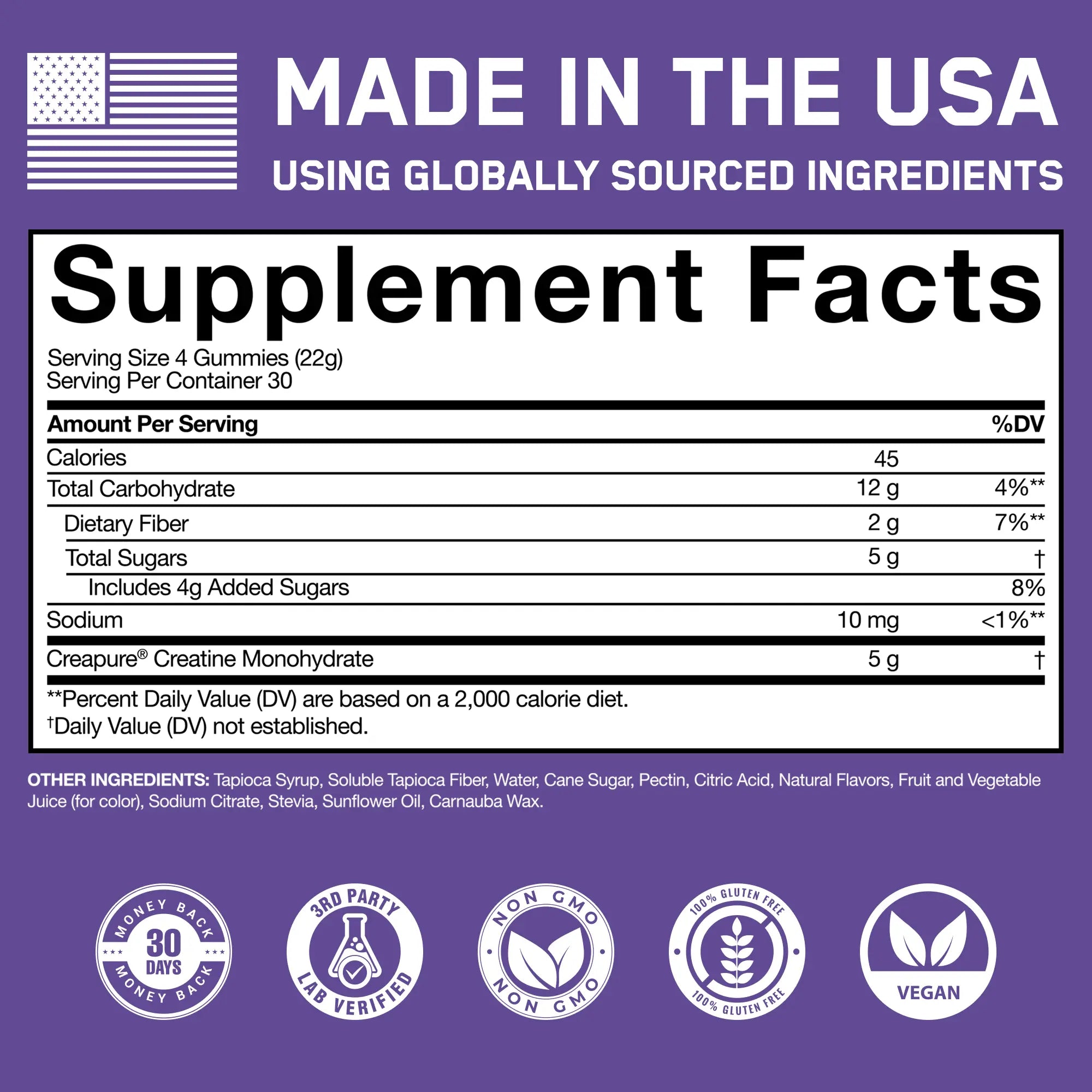 Creatine Monohydrate Gummies label showing supplement facts, 5g Creapure® Creatine, certifications for non-GMO, gluten-free, vegan, and a 30-day guarantee.